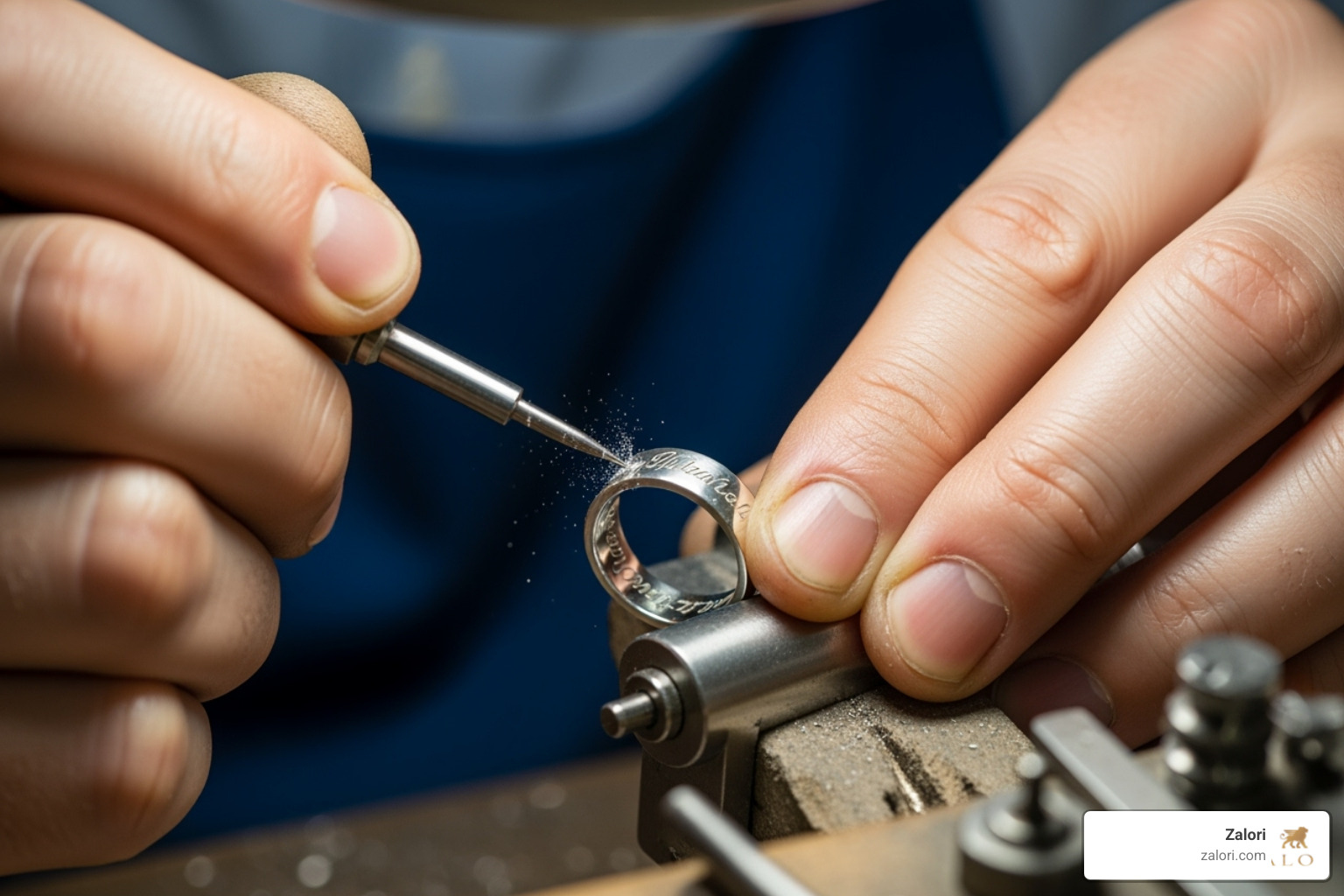 A jeweler engraving a message inside a ring band - Anniversary gift ring A jeweler engraving a message inside a ring band - Anniversary gift ring