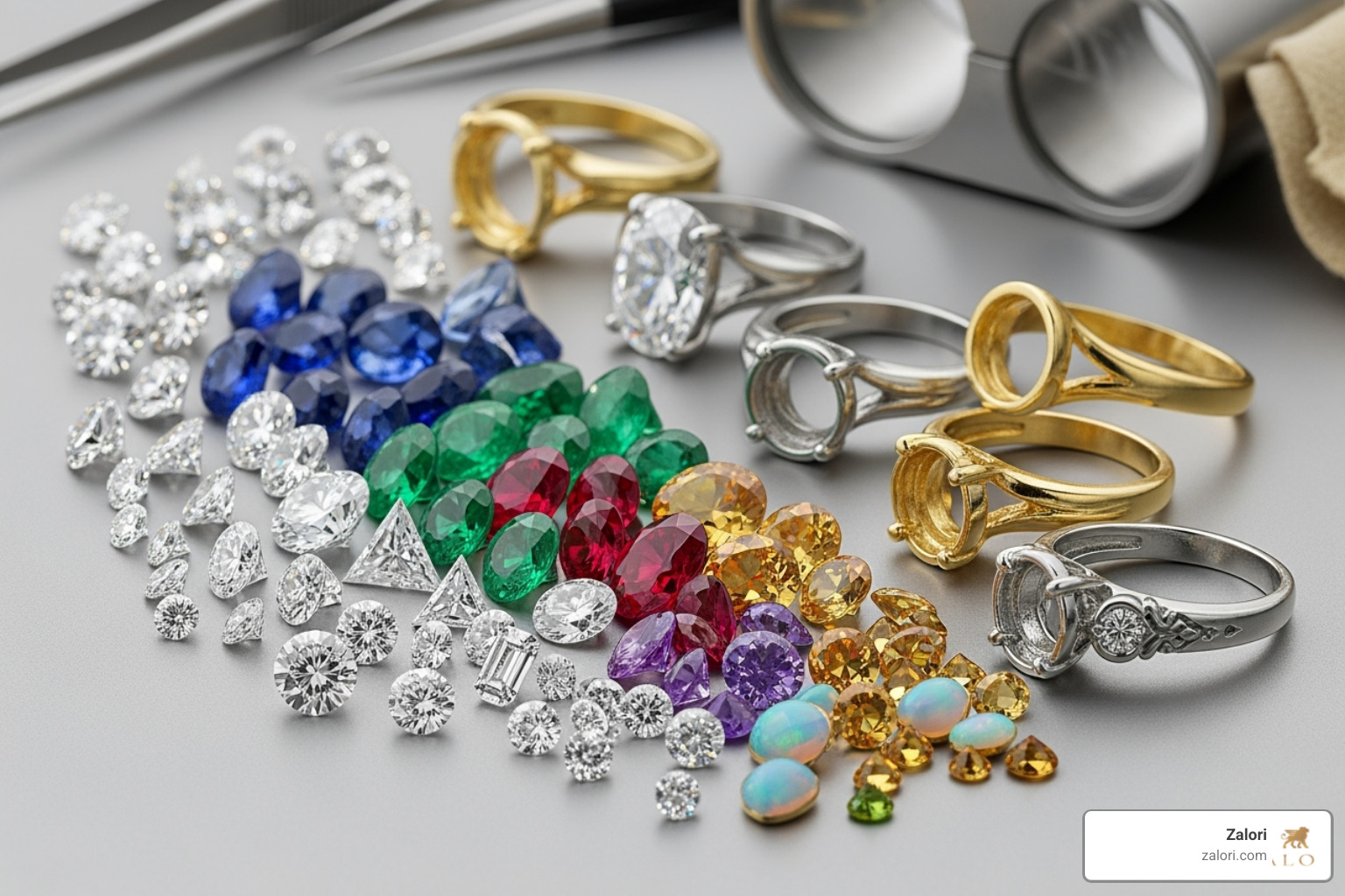 Loose diamonds and gemstones next to gold and platinum ring settings - Anniversary gift ring Loose diamonds and gemstones next to gold and platinum ring settings - Anniversary gift ring