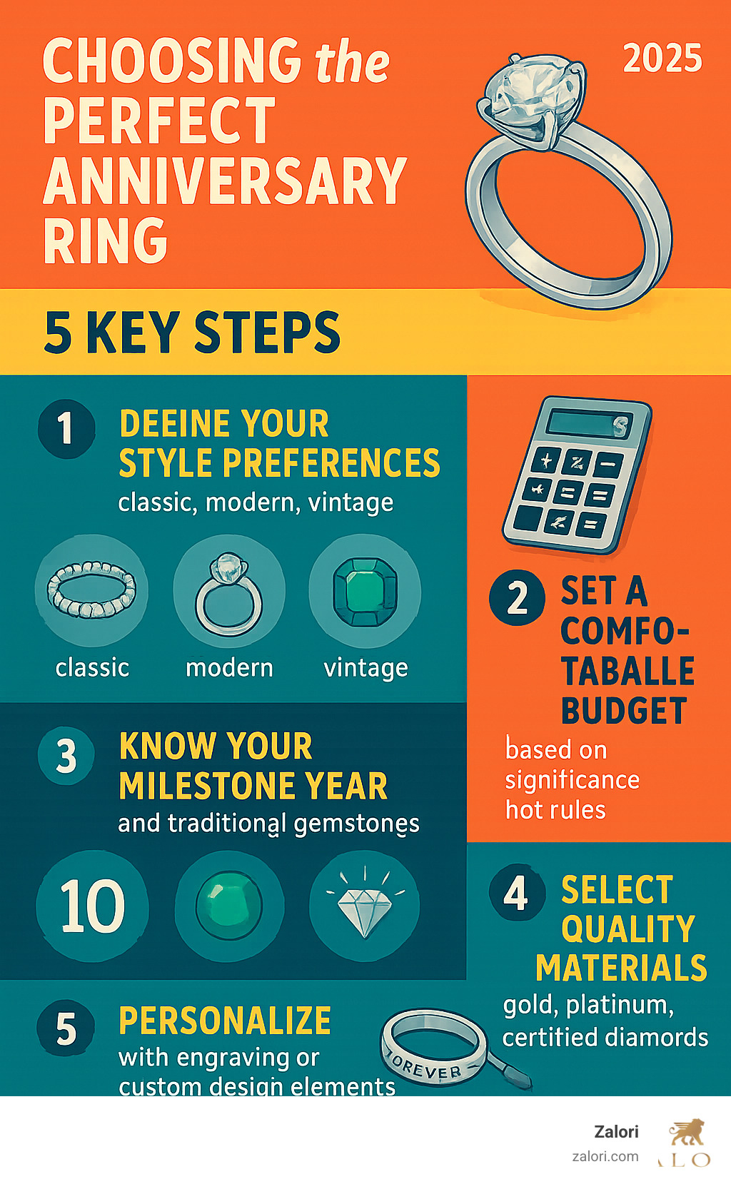 Infographic showing the 5 key steps to choosing an anniversary ring: 1. Define your style preferences (classic, modern, vintage), 2. Set a comfortable budget based on significance not rules, 3. Know your milestone year and traditional gemstones, 4. Select quality materials (gold, platinum, certified diamonds), 5. Personalize with engraving or custom design elements - Anniversary gift ring infographic Infographic showing the 5 key steps to choosing an anniversary ring: 1. Define your style preferences (classic, modern, vintage), 2. Set a comfortable budget based on significance not rules, 3. Know your milestone year and traditional gemstones, 4. Select quality materials (gold, platinum, certified diamonds), 5. Personalize with engraving or custom design elements - Anniversary gift ring infographic