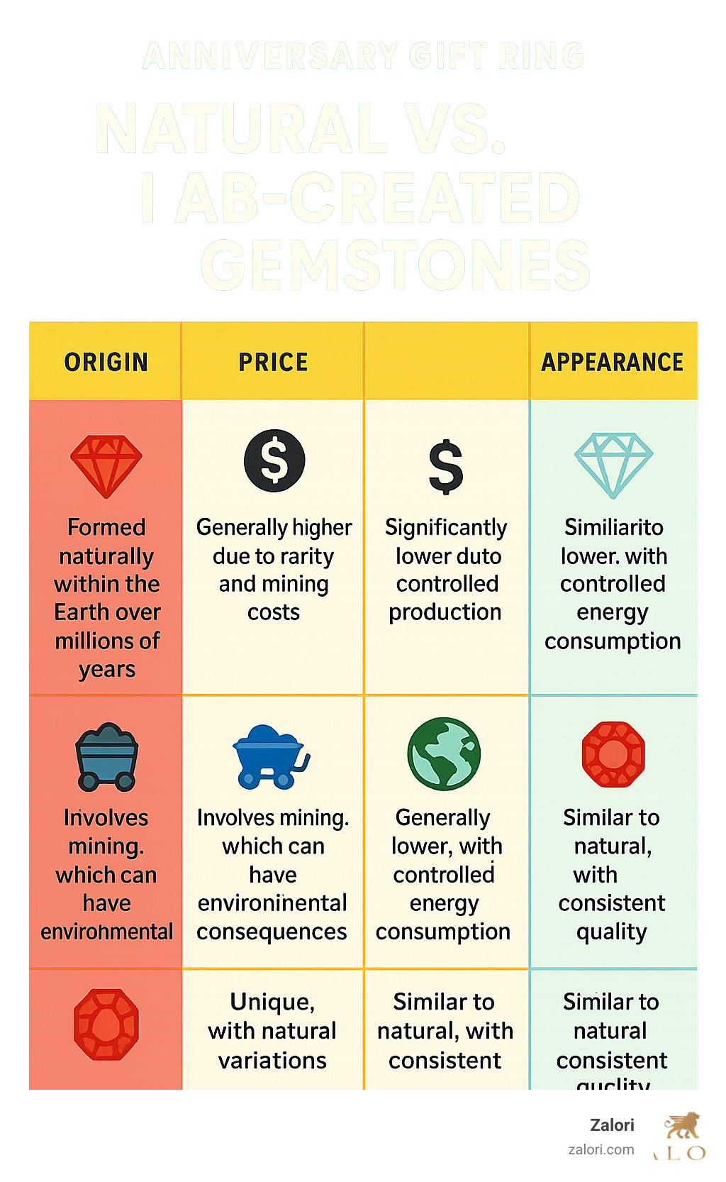 Table comparing Natural and Lab-Created Gemstones on Origin, Price, Environmental Impact, and Appearance - Anniversary gift ring infographic Table comparing Natural and Lab-Created Gemstones on Origin, Price, Environmental Impact, and Appearance - Anniversary gift ring infographic