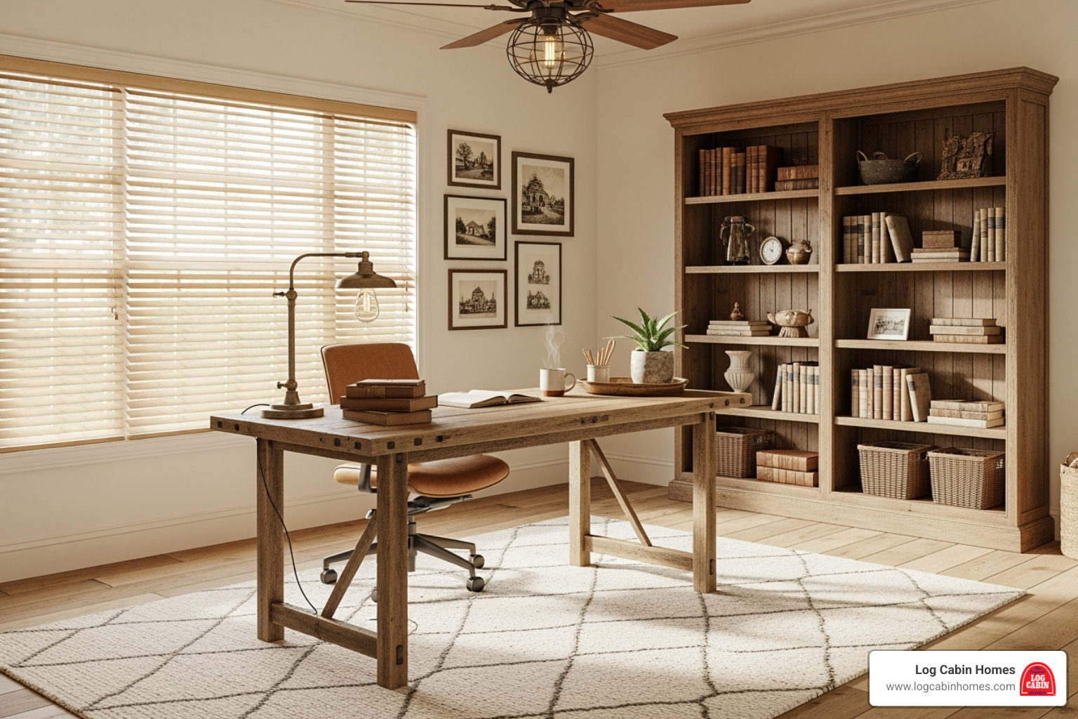 farmhouse office with freestanding desk, ergonomic chair, and hardwood flooring with a rug - farmhouse home office