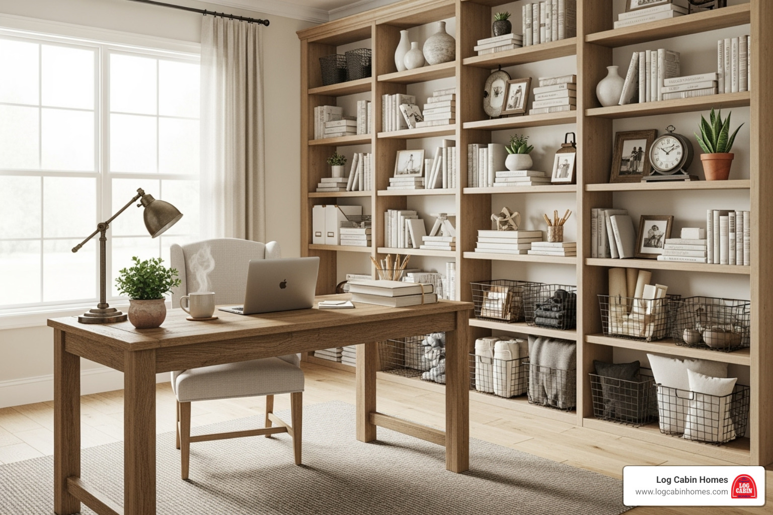farmhouse storage with open shelving and wire baskets - farmhouse home office