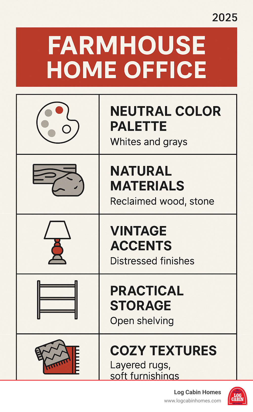 Infographic showing the five core elements of farmhouse home office design: neutral color palette with whites and grays, natural materials like reclaimed wood and stone, vintage accents including distressed finishes, practical storage solutions with open shelving, and cozy textures through layered rugs and soft furnishings - farmhouse home office infographic 