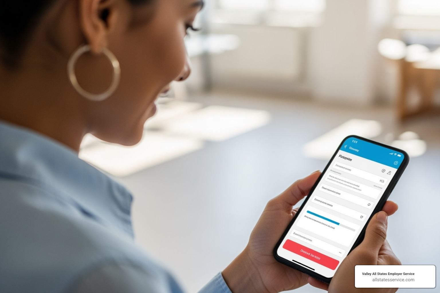A happy employee uses a mobile device to complete a job application, symbolizing the ease and speed of outsourced employment verification. - Outsourced employment verification