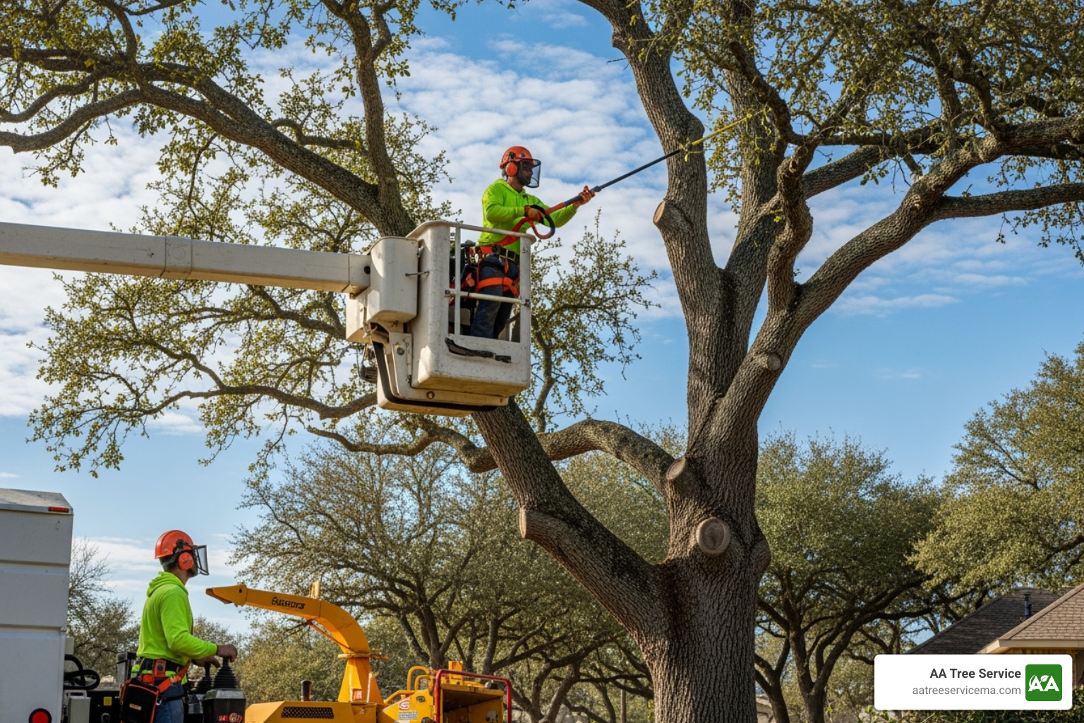 professional crew using a bucket truck to safely prune a large oak tree - Tree Companies Near Me
