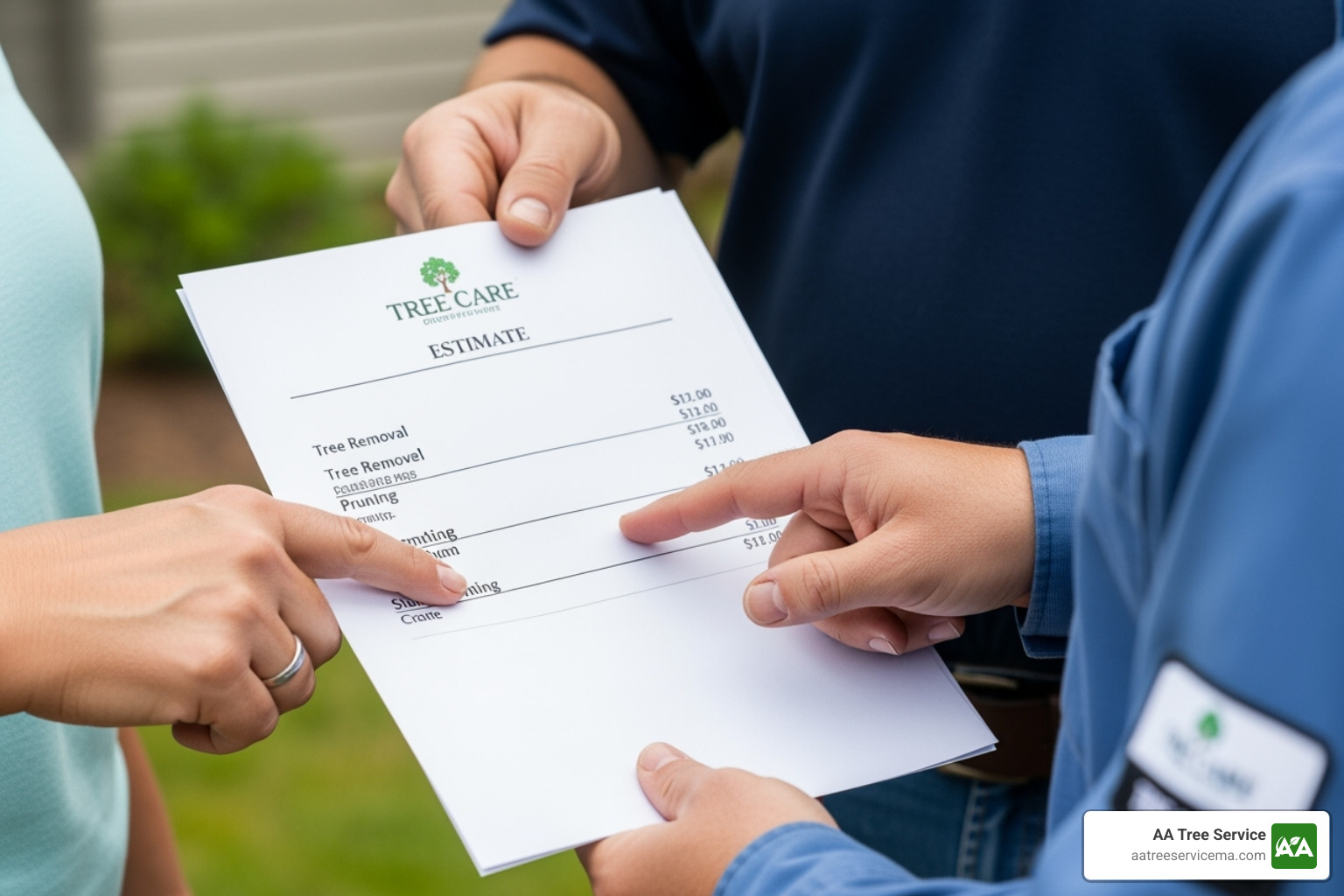 homeowner reviewing a written estimate with a uniformed tree care professional - Tree Companies Near Me