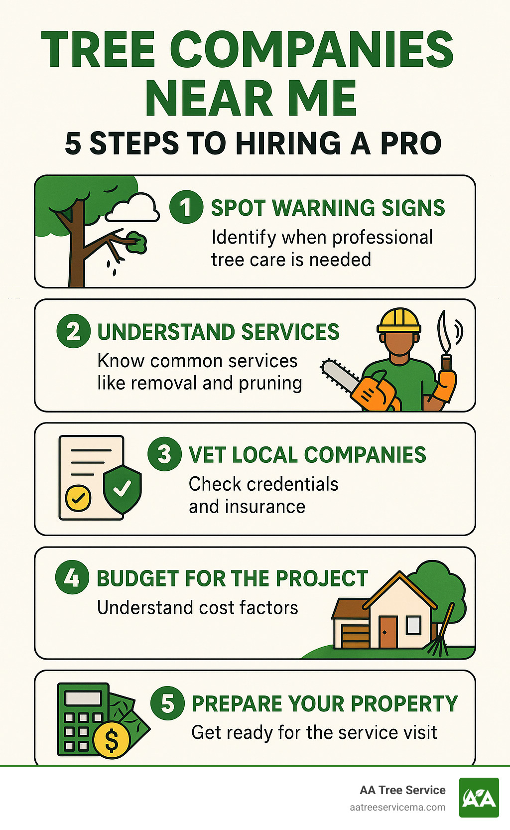 Infographic showing 5 key steps to hiring a professional tree company: 1) Identify when you need professional tree care by spotting warning signs, 2) Understand common tree services like removal and pruning, 3) Vet local companies by checking credentials and insurance, 4) Budget for your project by understanding cost factors, 5) Prepare your property for the service visit - Tree Companies Near Me infographic 