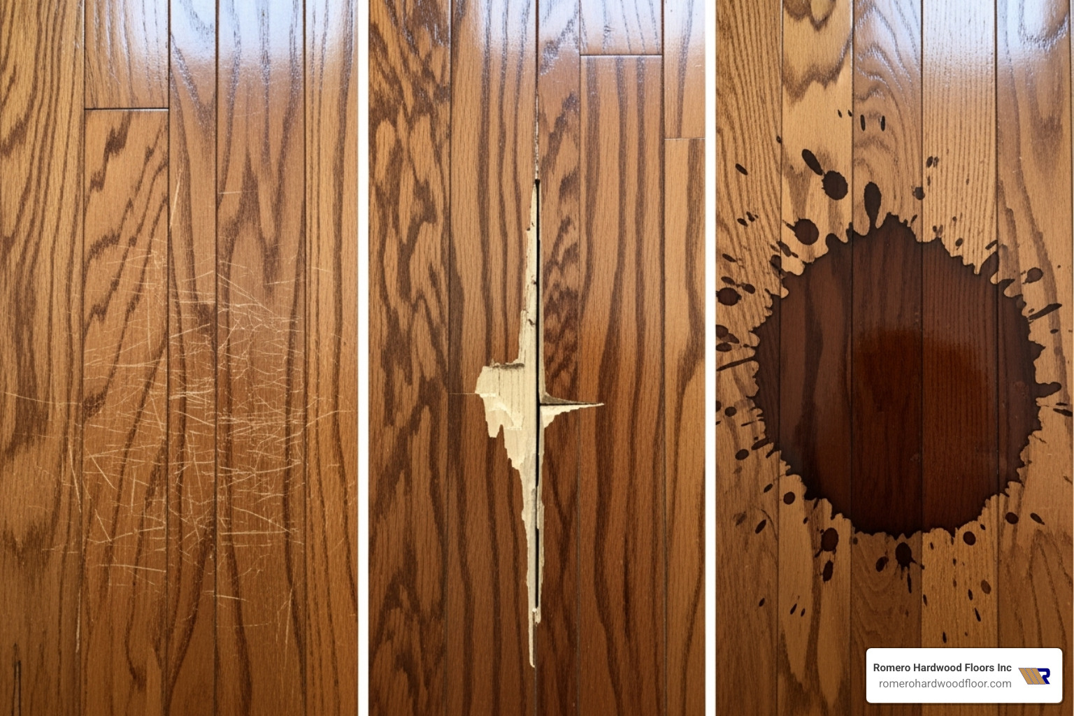 Different types of floor damage side-by-side - Hardwood Floor Gouge Repair