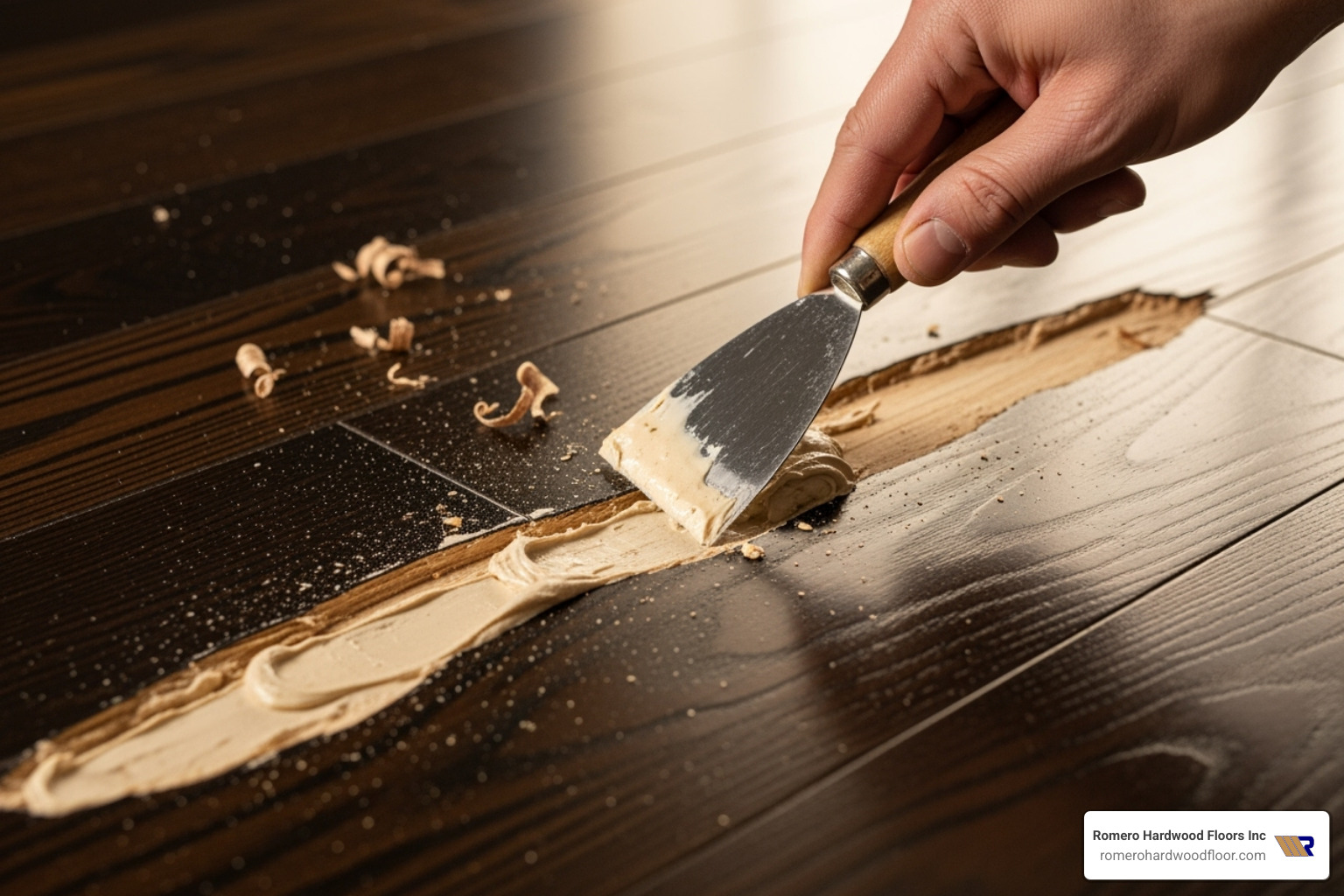 A hand applying wood filler into a deep gouge with a putty knife - Hardwood Floor Gouge Repair