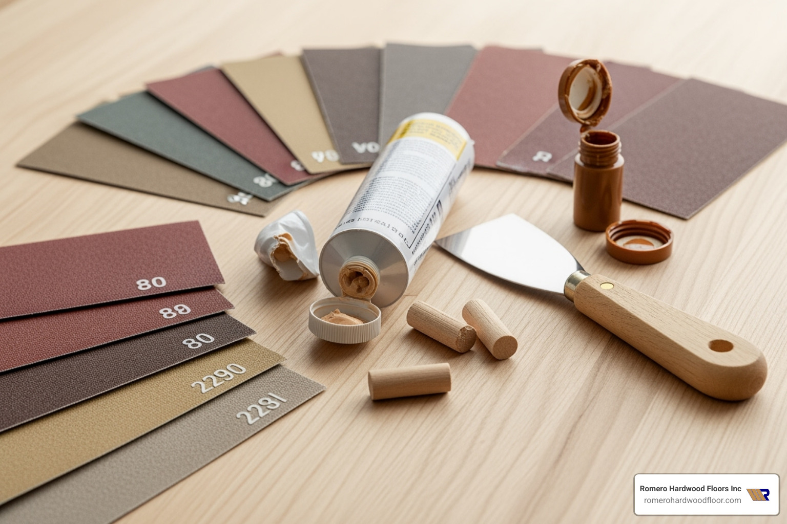 All the necessary tools and materials laid out neatly - Hardwood Floor Gouge Repair
