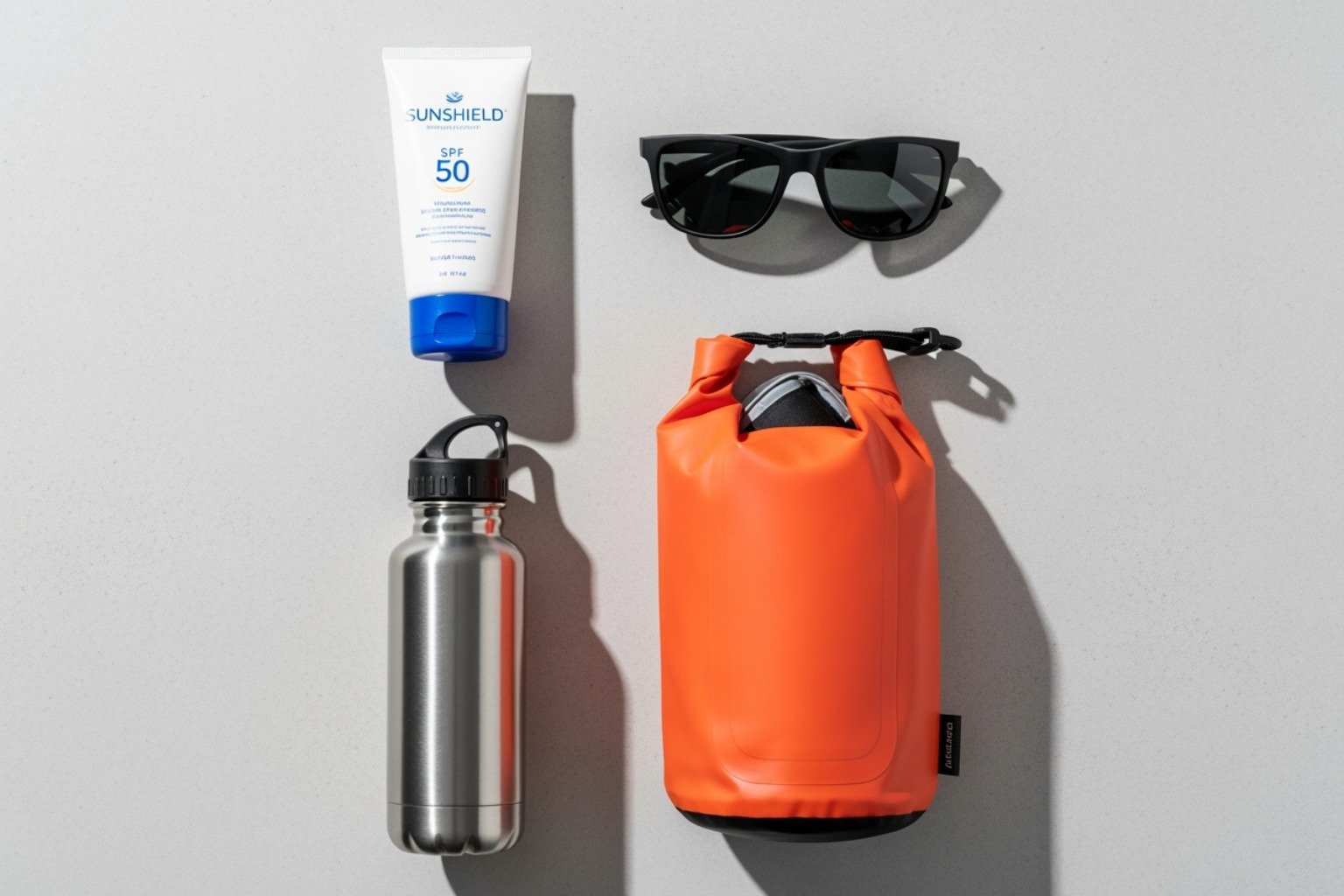 Essential items for a jet ski trip laid out: sunscreen, sunglasses, waterproof bag, water bottle - Surfers Paradise Jet Ski