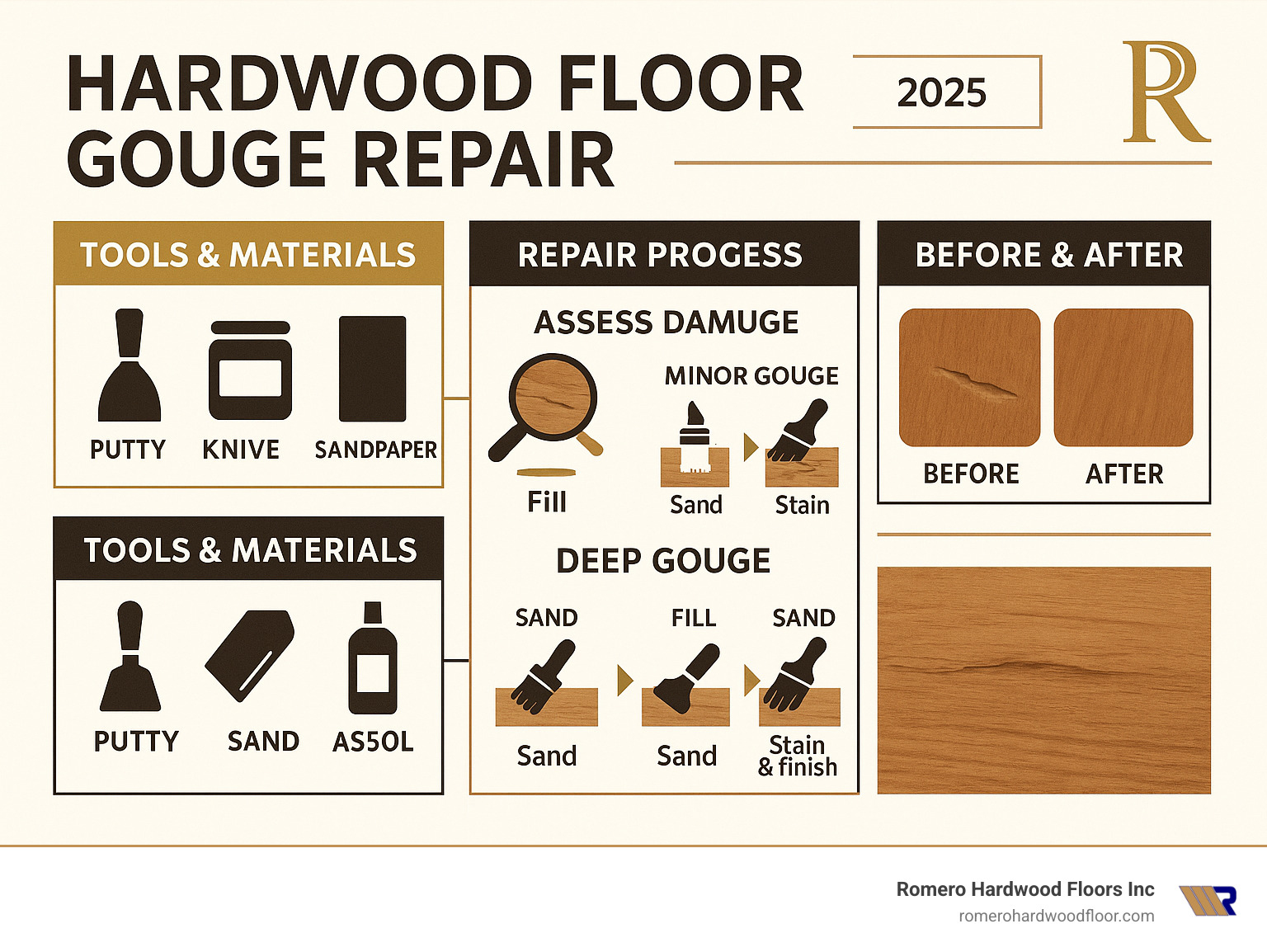 Infographic showing the repair process from assessment to final finish, including tools needed, step-by-step repair methods for different gouge depths, and before/after comparisons of repaired gouges - Hardwood Floor Gouge Repairs infographic 