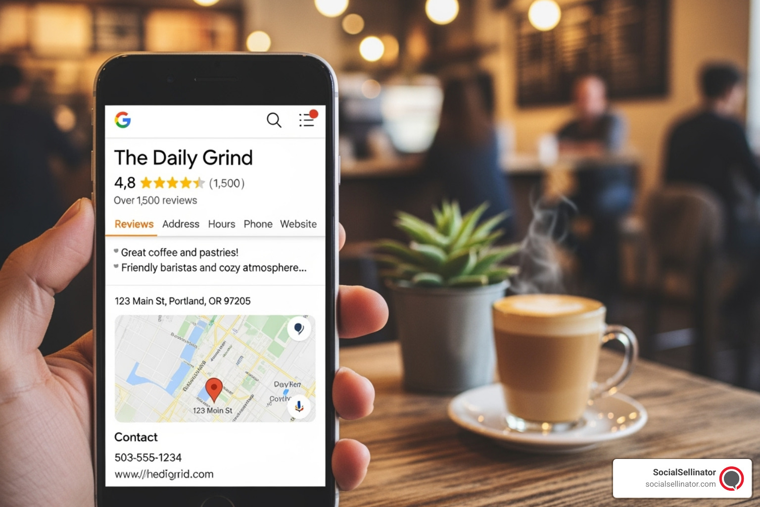 Google Business Profile on a smartphone displaying a Portland coffee shop with customer reviews and contact information - portland local seo agency Google Business Profile on a smartphone displaying a Portland coffee shop with customer reviews and contact information - portland local seo agency