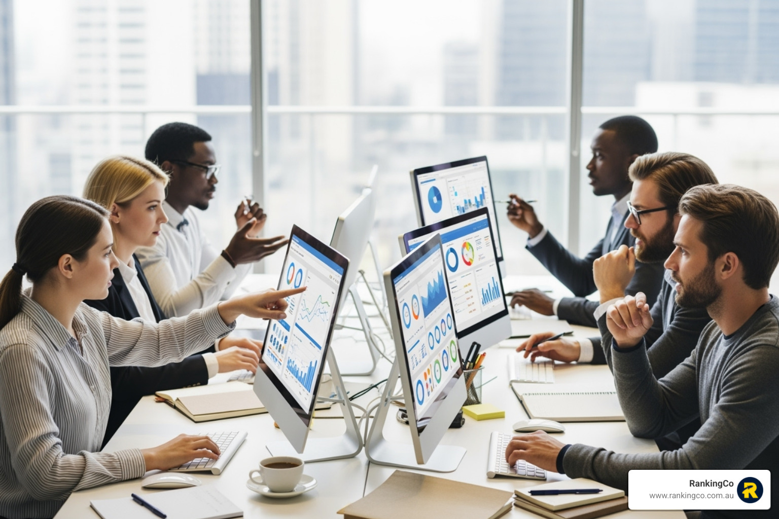A team of digital marketers analysing data on multiple screens, collaborating and strategising for campaign optimisation - Improve Google Ads ROI