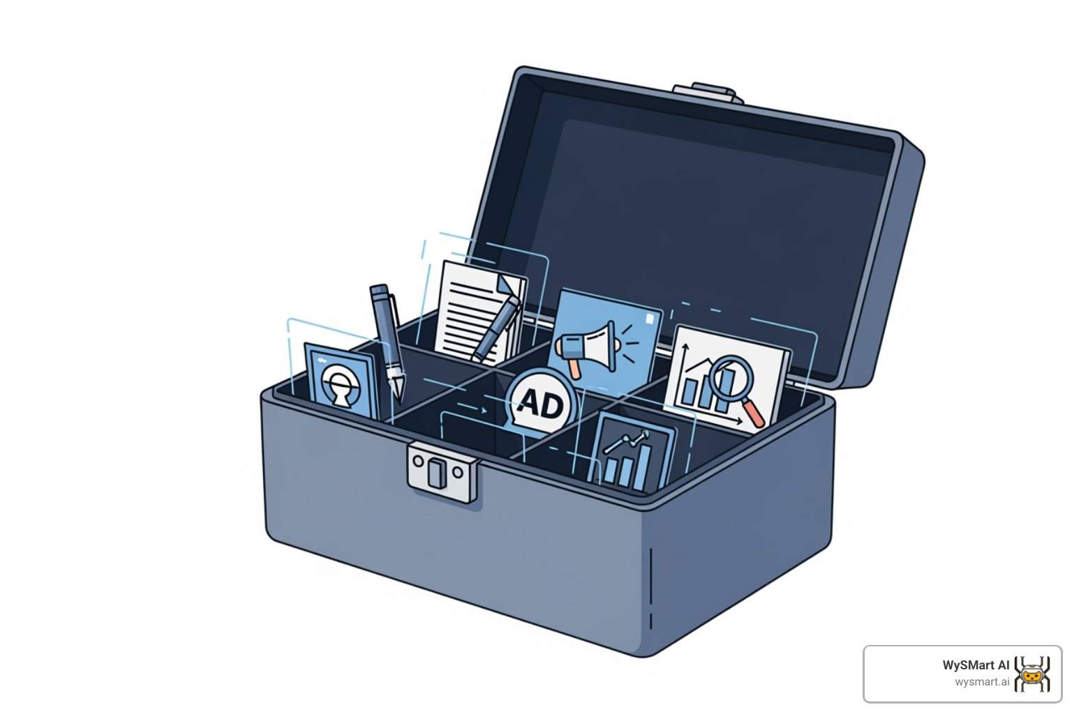 a toolbox filled with icons representing different AI marketing functions (content, ads, analytics) - AI-powered marketing solutions a toolbox filled with icons representing different AI marketing functions (content, ads, analytics) - AI-powered marketing solutions