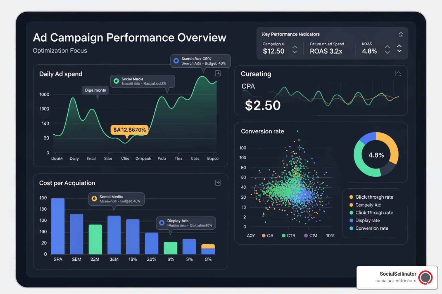 A dashboard showing various metrics and charts, illustrating the complexity of factors influencing ad campaign costs and performance, with focus on optimization - cost per install google ads