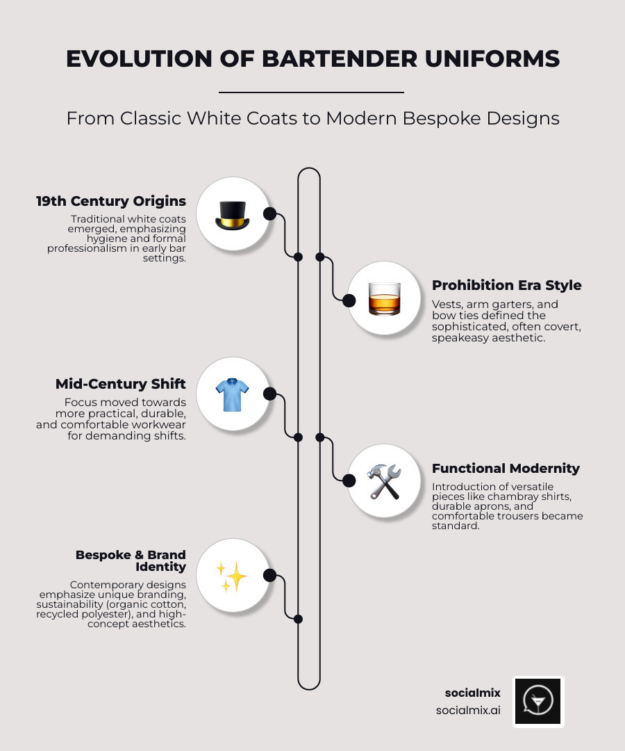 Evolution of bartender uniforms from traditional white coats in the 1800s to modern bespoke designs including aprons, vests, and contemporary styles with materials like organic cotton and recycled polyester - bartenders uniforms infographic infographic-line-5-steps-neat_beige