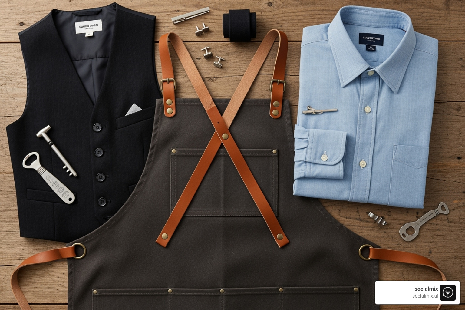 flat lay of essential bartender uniform components: a crisp chambray shirt, a canvas bib apron with leather straps, and a classic vest - bartenders uniforms