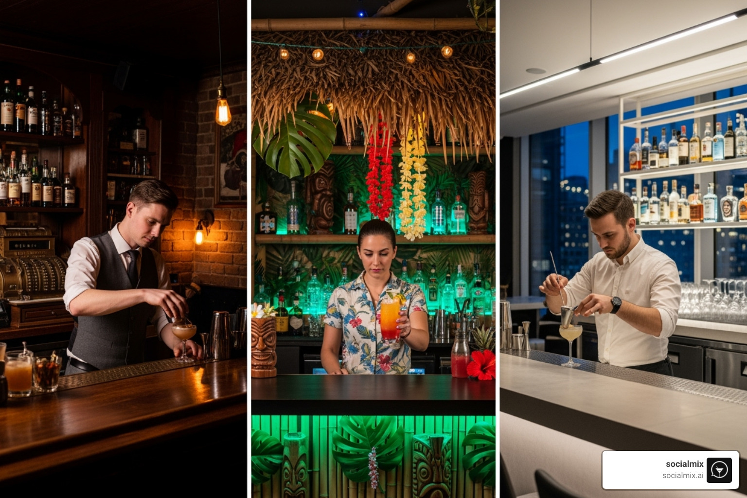 collage showing bartenders in three distinct environments: a dimly lit speakeasy, a vibrant tiki bar, and a sleek modern cocktail lounge - bartenders uniforms