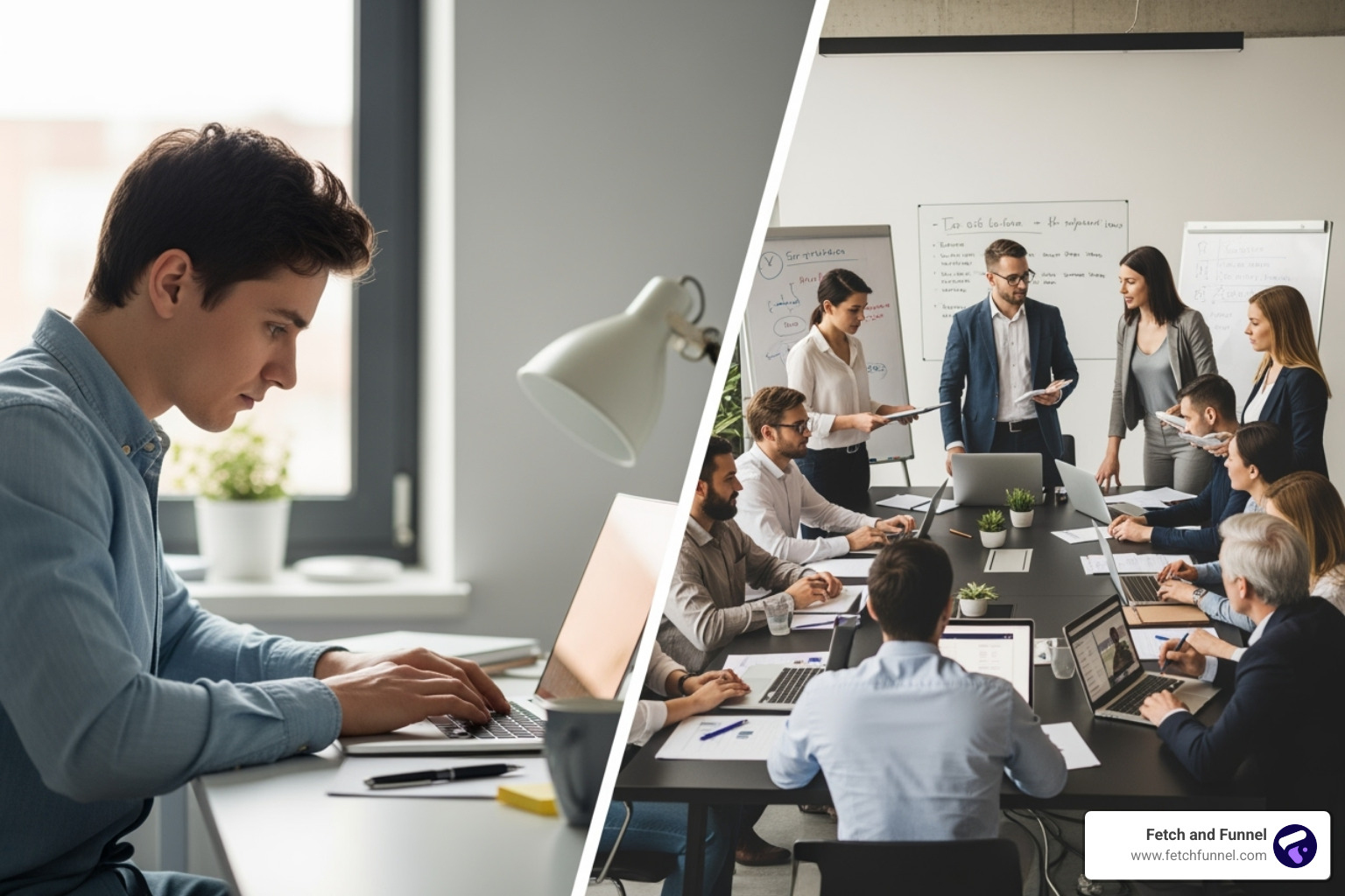 person at a computer vs. a team in a meeting room - Cost of geofencing