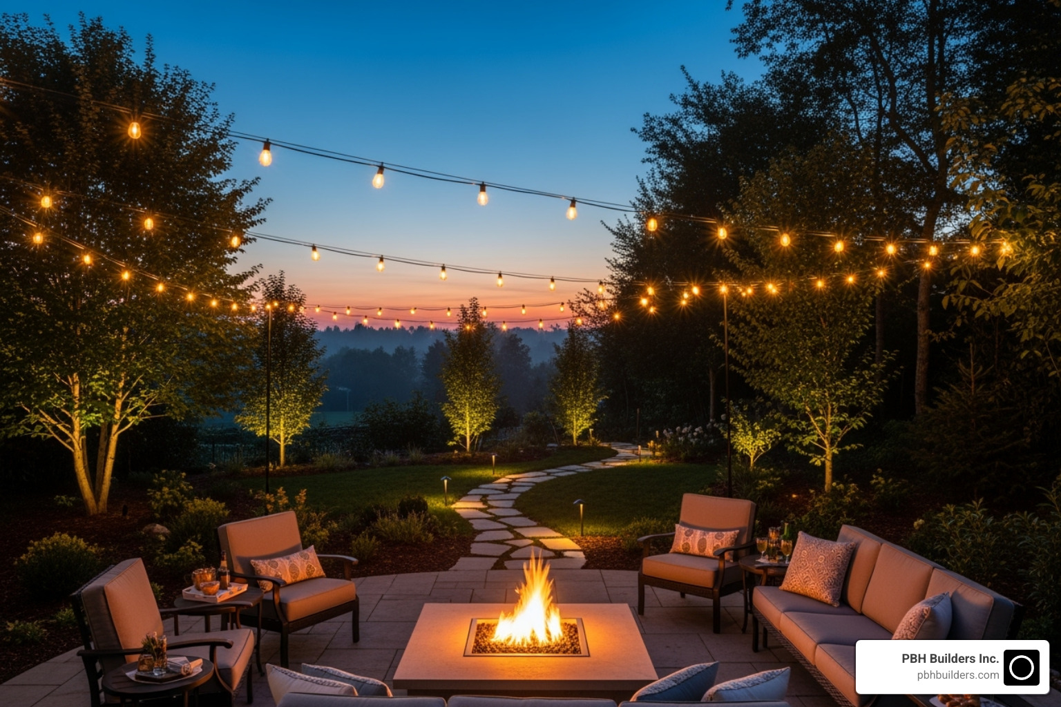outdoor space at dusk with layered lighting, including string lights, pathway lights, and a fire pit - outdoor entertainment areas