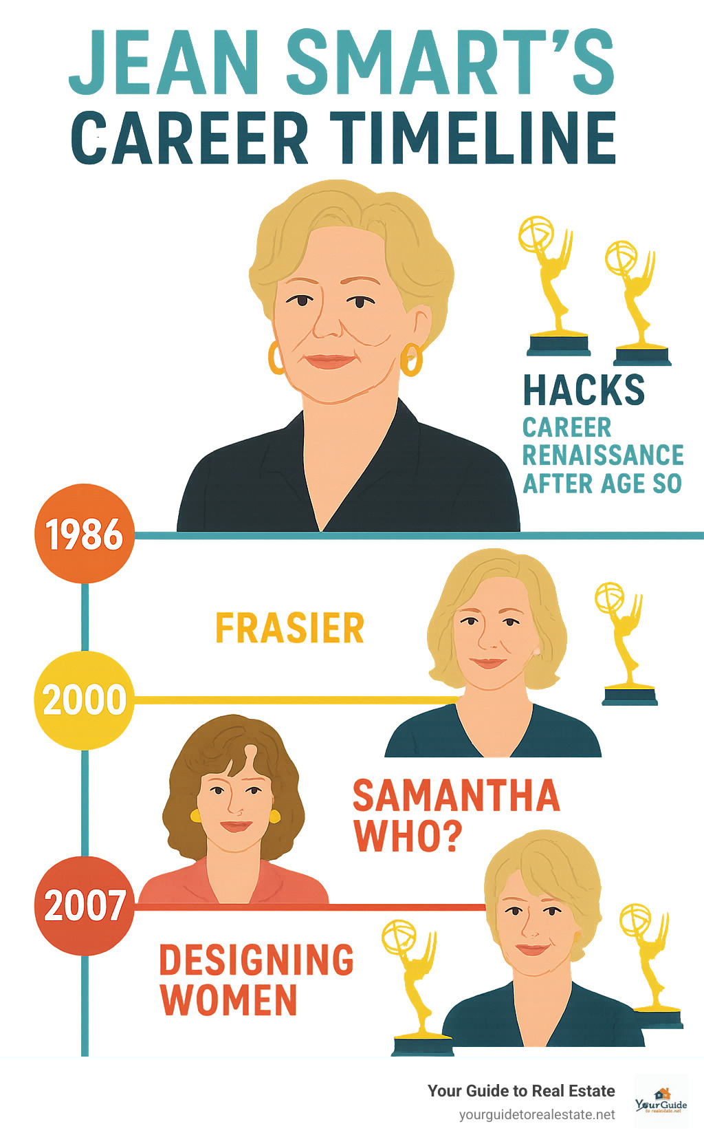 Jean Smart's career timeline showing major roles from Designing Women in 1986 through current success with Hacks, including Emmy wins for Frasier, Samantha Who, and multiple wins for Hacks, demonstrating her career renaissance after age 50 - jean smart infographic 