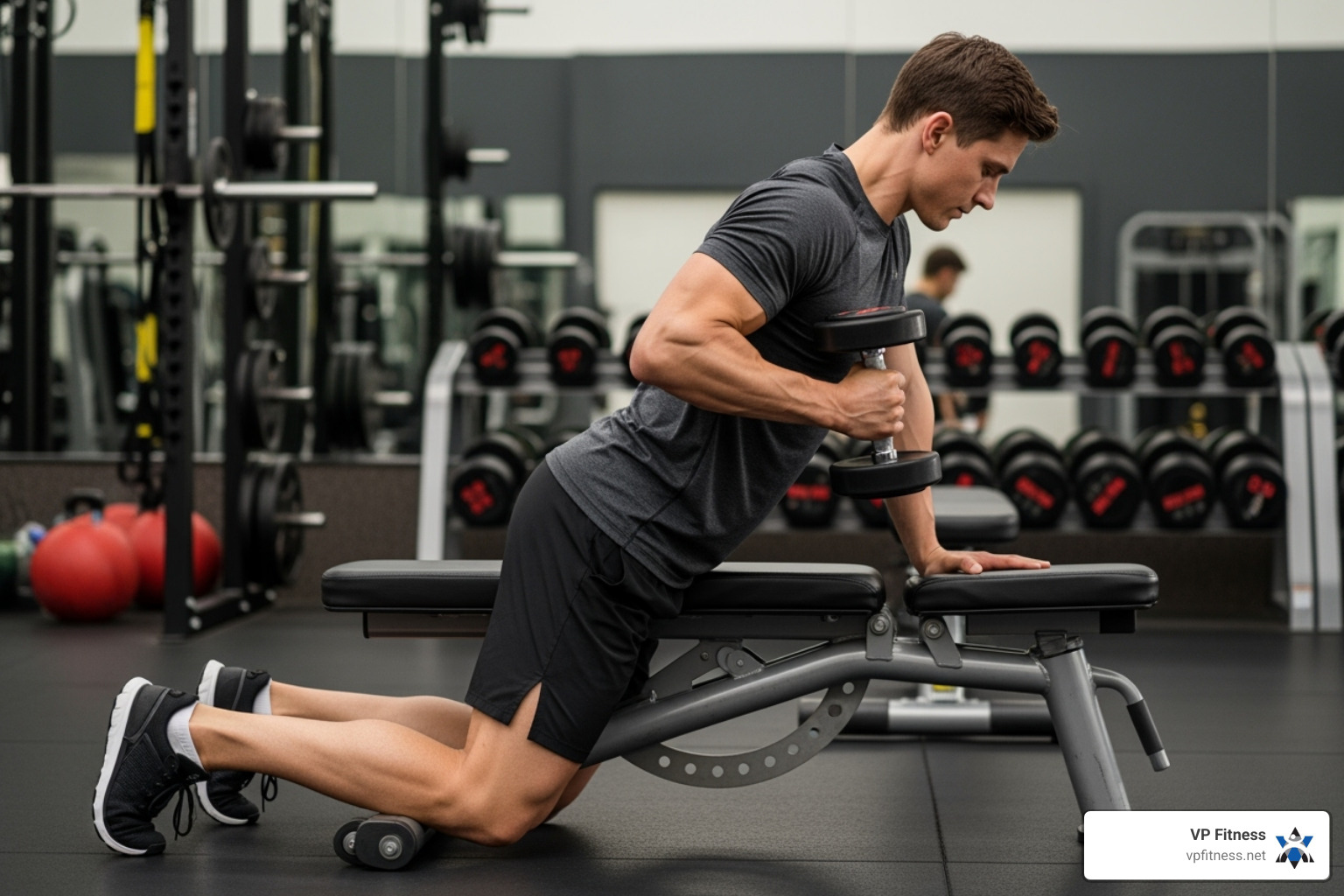 A person demonstrating proper form for a dumbbell row, engaging their back muscles and maintaining a flat back - improve fitness results
