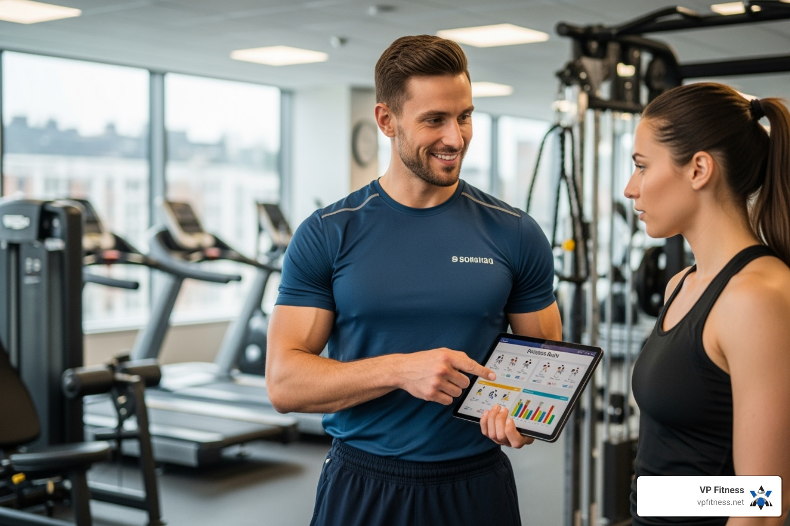 A friendly personal trainer with a confident and encouraging smile, consulting with a client in a bright, modern gym setting, gesturing towards a fitness plan on a tablet. - improve fitness results