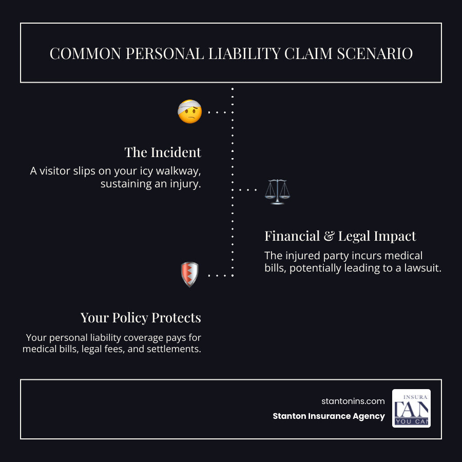 explaining a common claim scenario, such as a visitor slipping on an icy walkway, and showing how liability coverage pays for medical bills and legal fees. - personal liability insurance cost infographic infographic-line-3-steps-dark