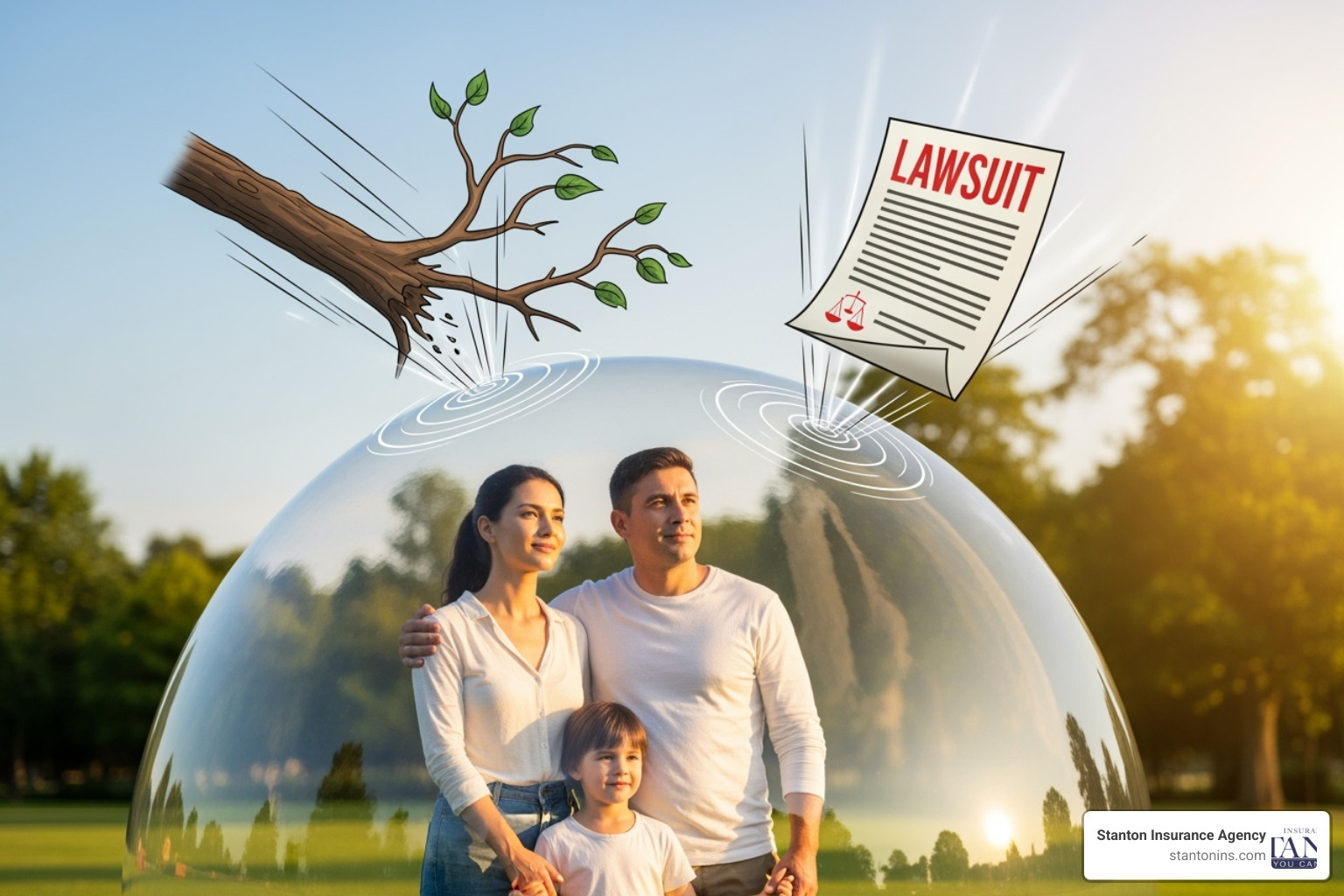 a family standing under a large, transparent umbrella shield, protecting them from illustrated risks like a falling tree branch and a lawsuit document. - personal liability insurance cost