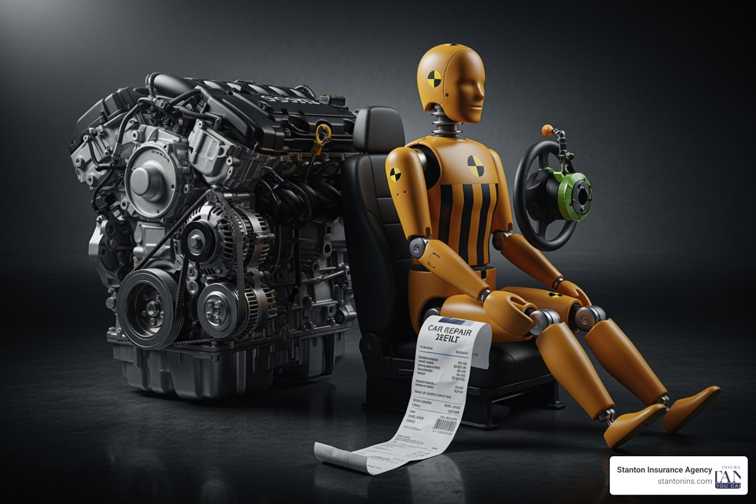Car engine, crash test dummy, and car repair bill - does liability insurance cost more depending on kind of car