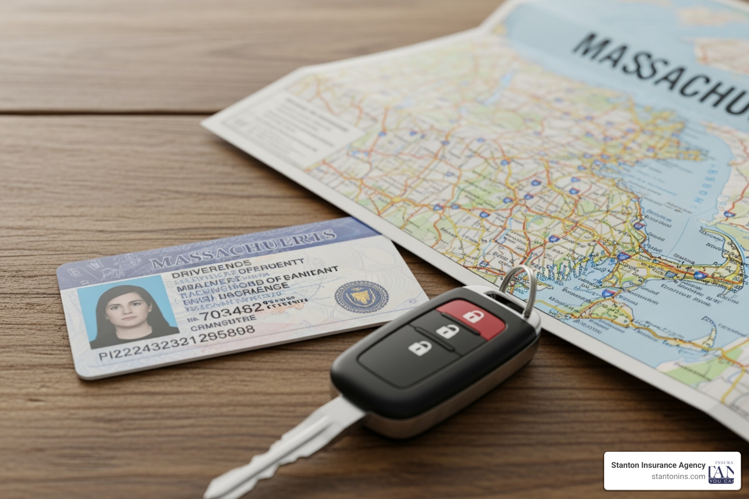 Driver's license, map of Massachusetts, and car key - does liability insurance cost more depending on kind of car