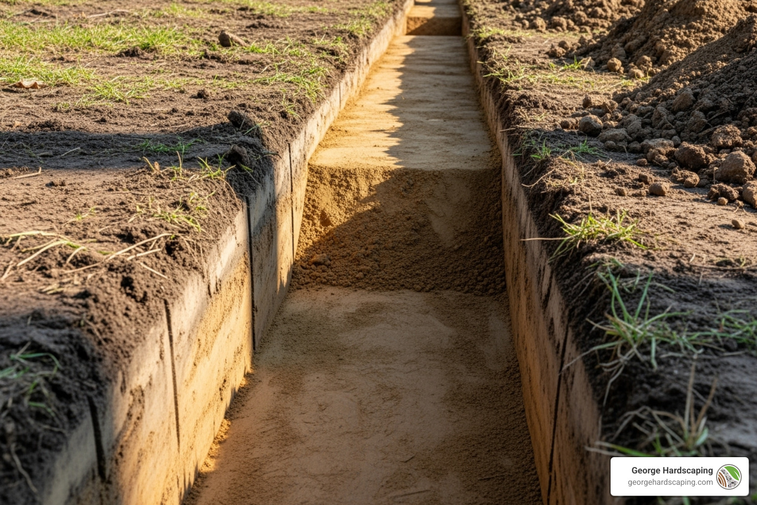 A properly excavated trench for a stone walkway, showing a visible slight slope for drainage and a compacted soil base ready for the next layers. - installing a stone walkway