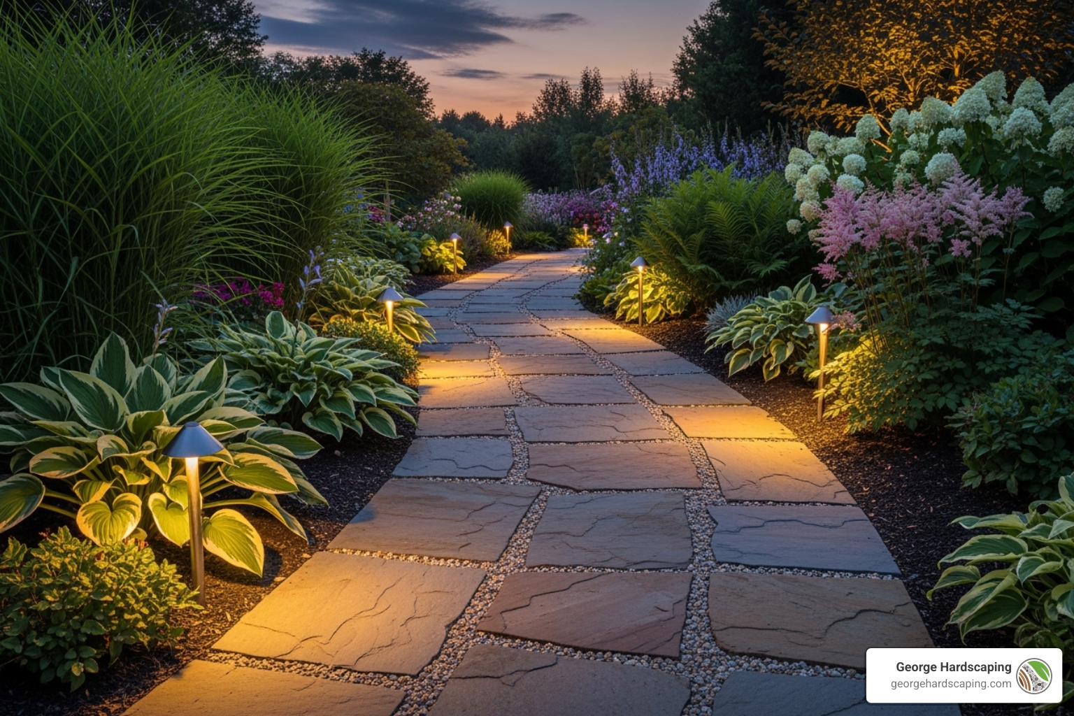 A beautiful stone walkway at dusk, illuminated by integrated low-voltage path lighting, with lush border plants creating a soft, inviting atmosphere. - installing a stone walkway