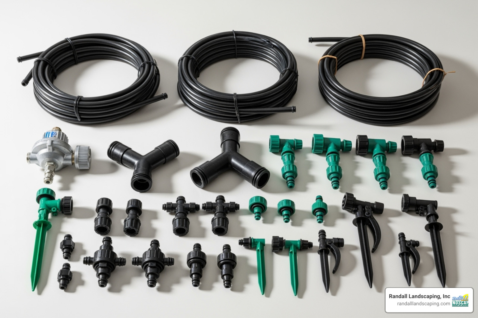 A collection of essential drip irrigation mister accessories, including a pressure regulator, a Y-filter, various tubing sizes, barbed connectors, and different types of mister nozzles. - drip irrigation mister