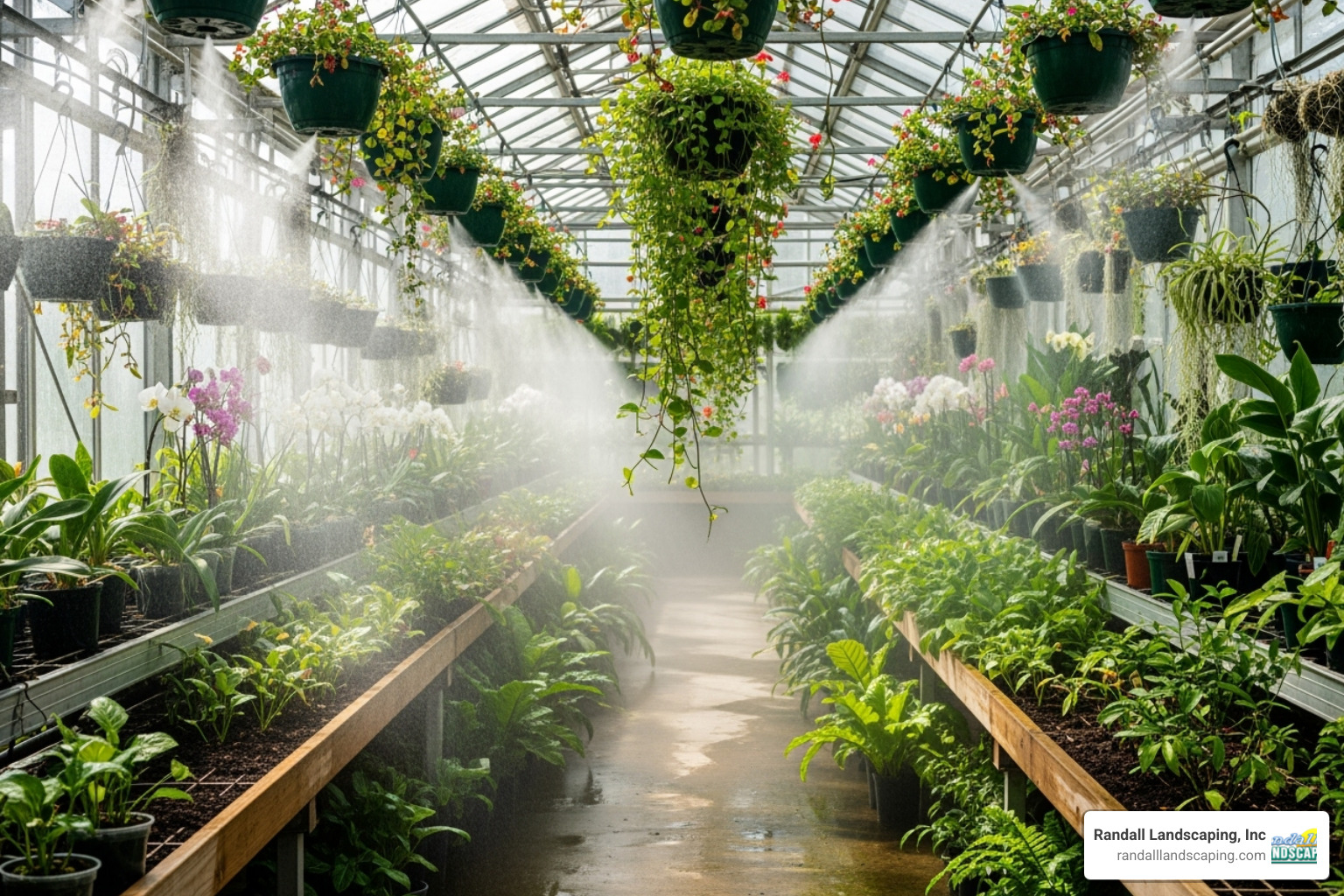 A lush greenhouse interior with misters spraying fine water droplets over rows of plants and hanging baskets. - drip irrigation mister