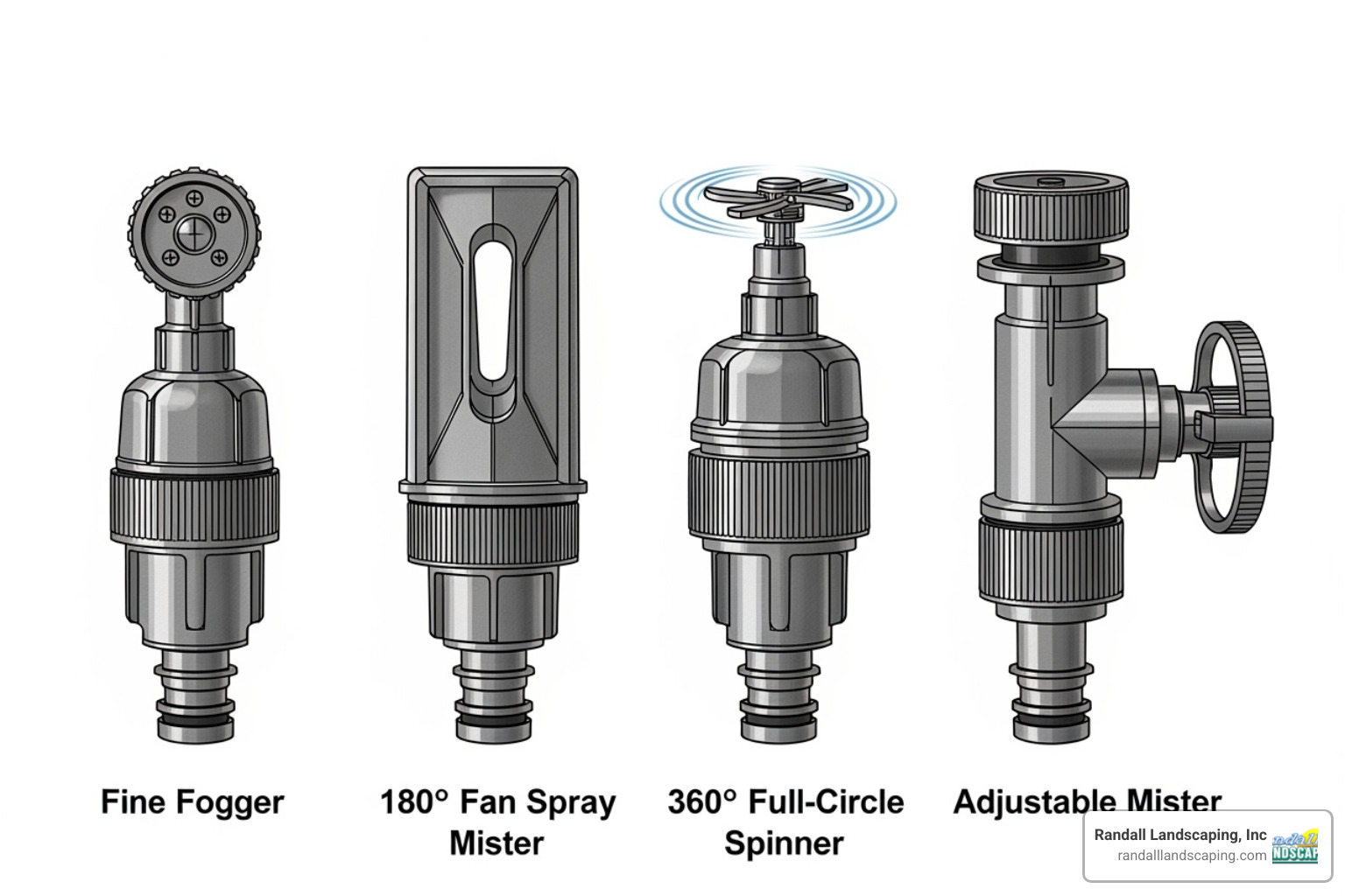 A diagram illustrating various types of mister heads, including a fine fogger, a 180-degree fan spray mister, a 360-degree full-circle spinner, and an adjustable mister with a visible screw for flow control. - drip irrigation mister