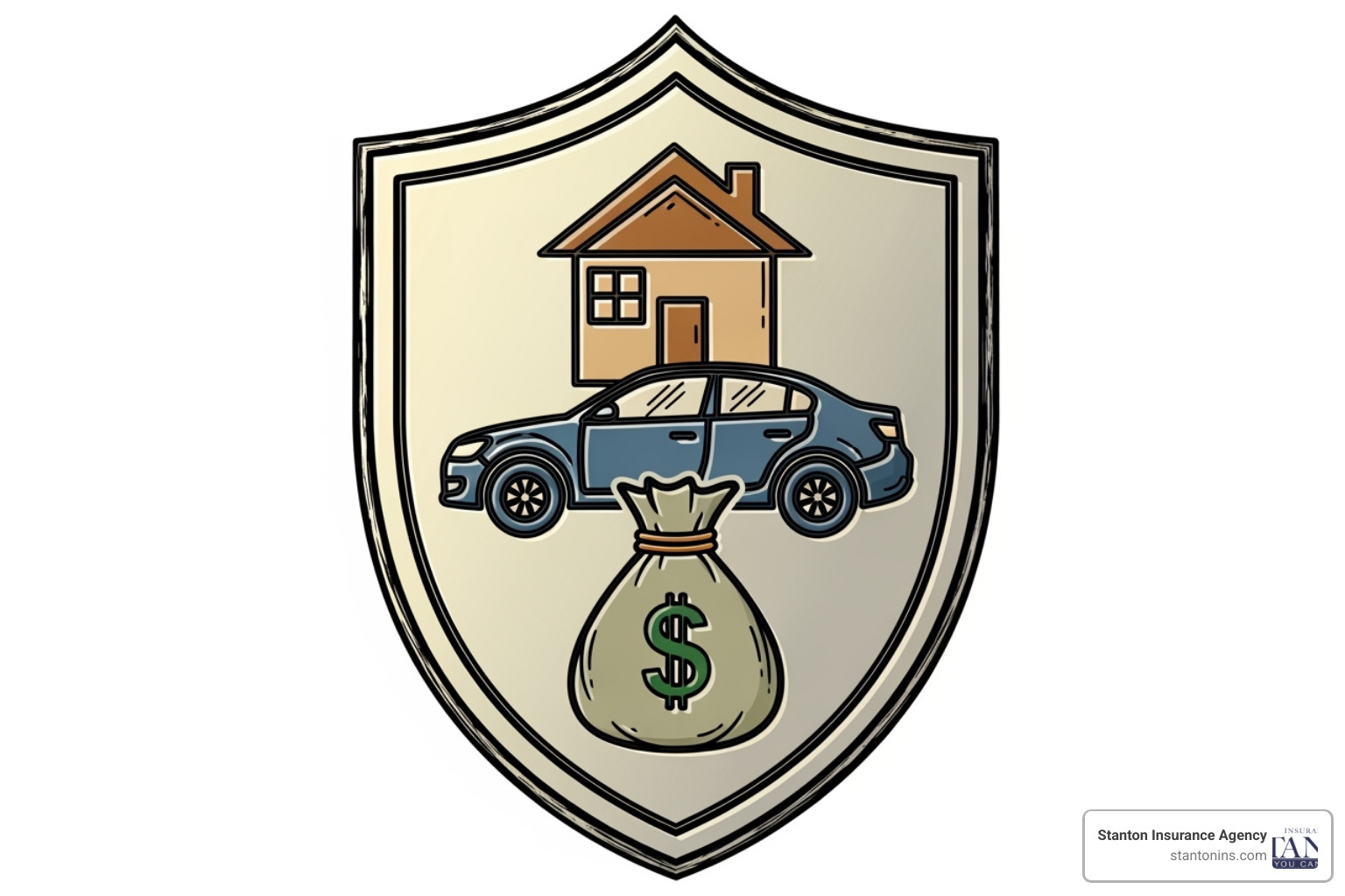 A stylized shield with a house, car, and money bag symbols, representing comprehensive asset protection. - umbrella policies for rental properties