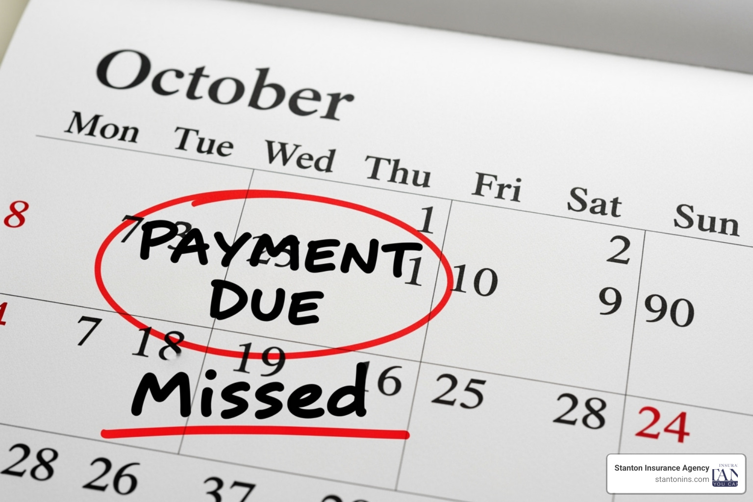 Calendar with a payment due date circled in red and marked "Missed" - what happens if my car insurance is cancelled in massachusetts