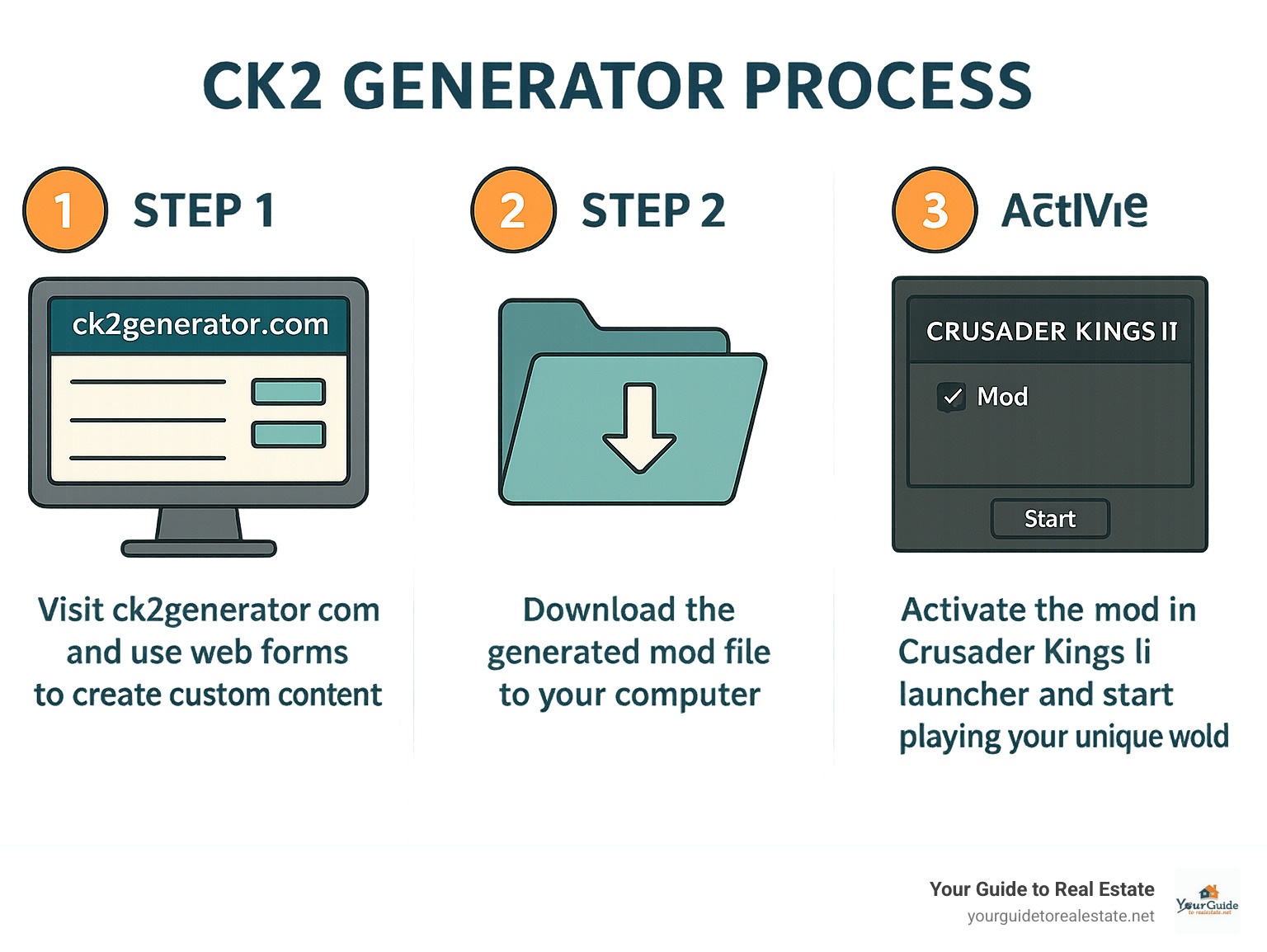 Step-by-step infographic showing the CK2 Generator process: Step 1 - Visit ck2generator.com and use web forms to create custom content, Step 2 - Download the generated mod file to your computer, Step 3 - Activate the mod in Crusader Kings II launcher and start playing your unique world - ck2generatorcom infographic Step-by-step infographic showing the CK2 Generator process: Step 1 - Visit ck2generator.com and use web forms to create custom content, Step 2 - Download the generated mod file to your computer, Step 3 - Activate the mod in Crusader Kings II launcher and start playing your unique world - ck2generatorcom infographic