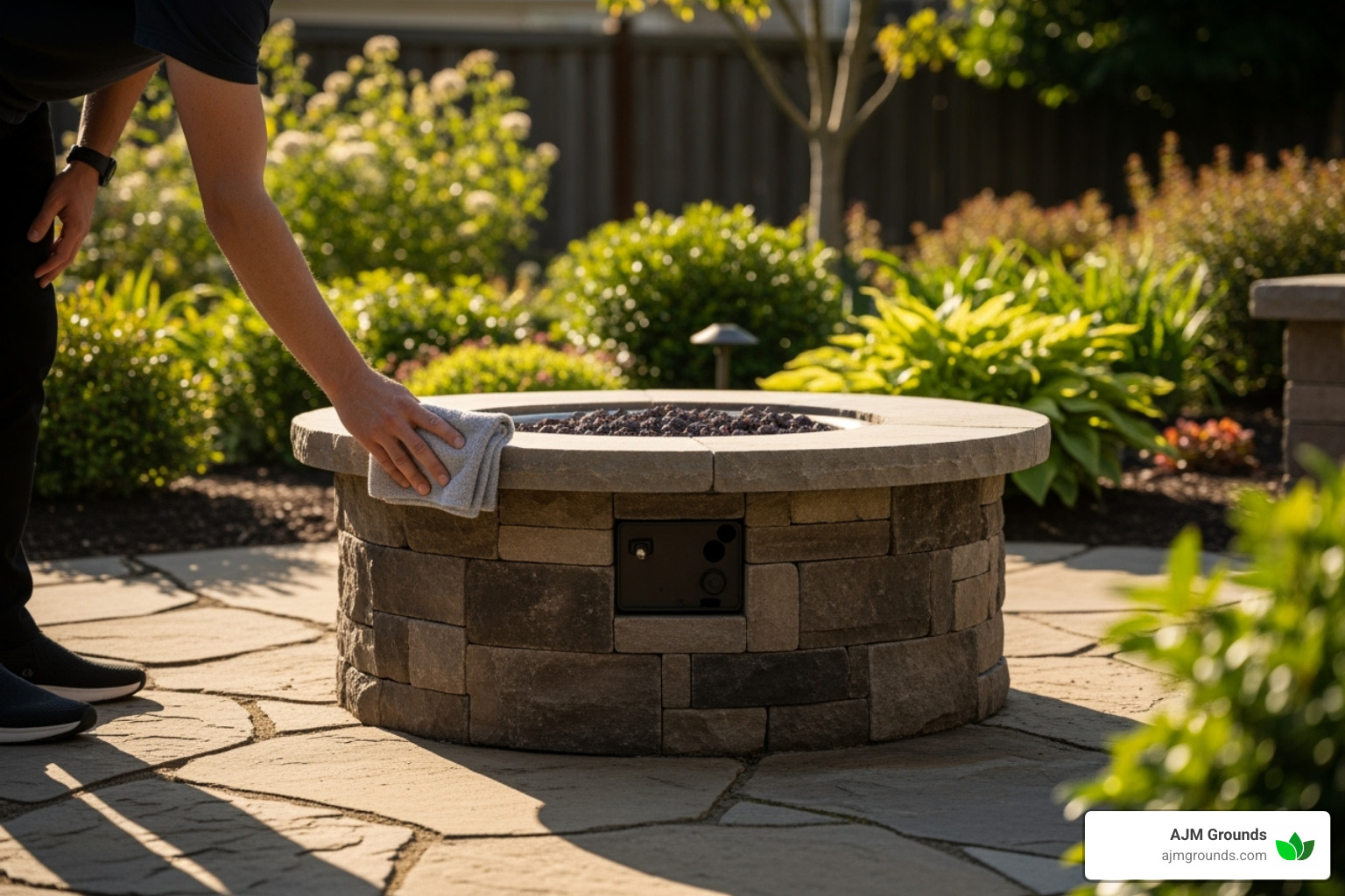 person wiping down the exterior of a fire pit with a soft cloth - Natural gas firepit