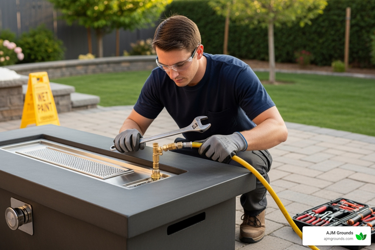 certified technician safely connecting a gas line to a new fire pit installation - Natural gas firepit