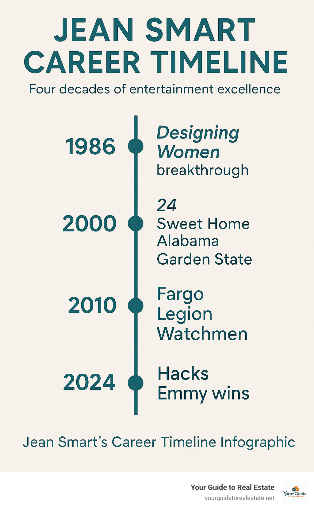Infographic showing Jean Smart's career timeline from 1986 Designing Women breakthrough to 2024 Hacks Emmy wins, highlighting major TV shows, films, and awards across four decades of entertainment excellence - jean smart movies and tv shows infographic 