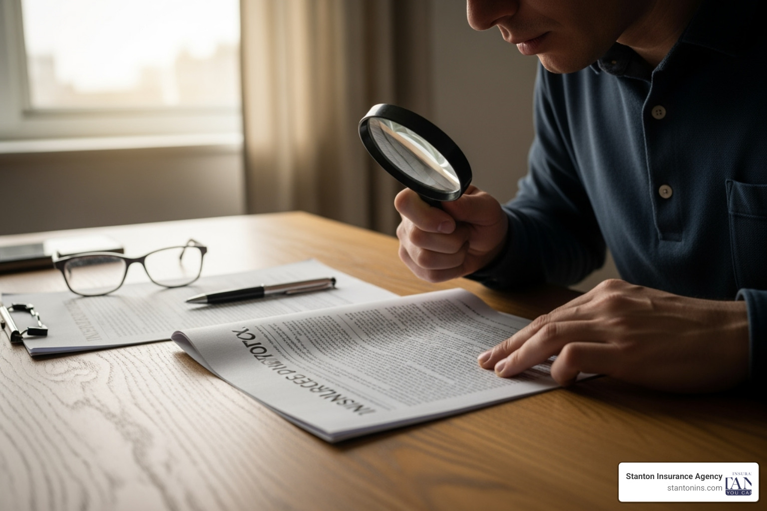 A person carefully reviewing an insurance policy document with a magnifying glass, symbolizing the importance of detailed examination. - residential landlord insurance