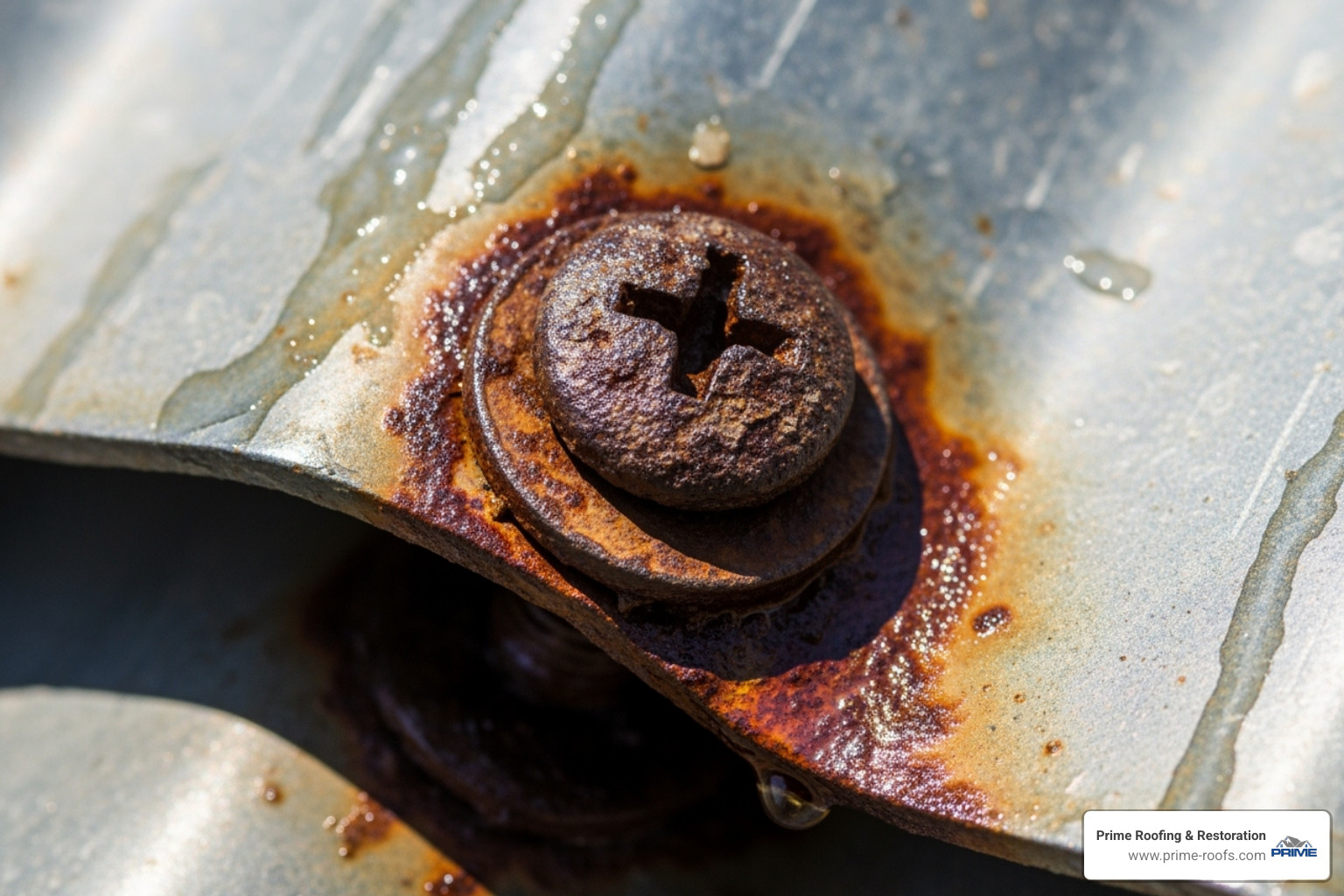 corroded screw on a metal roof panel - leaky metal roof repair