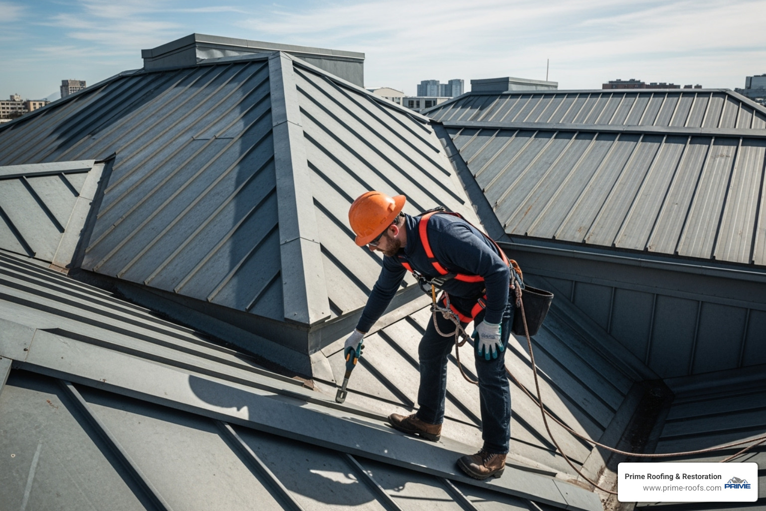 Professional roofer inspecting a complex metal roof - leaky metal roof repair