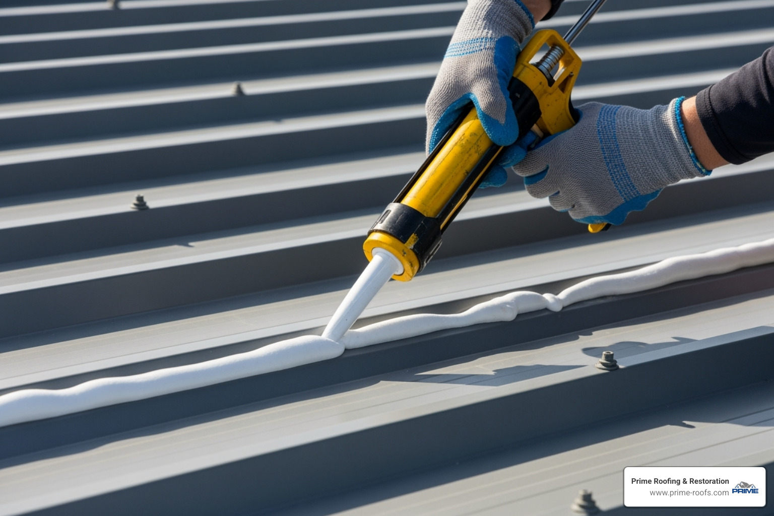 Person applying sealant to a metal roof seam - leaky metal roof repair