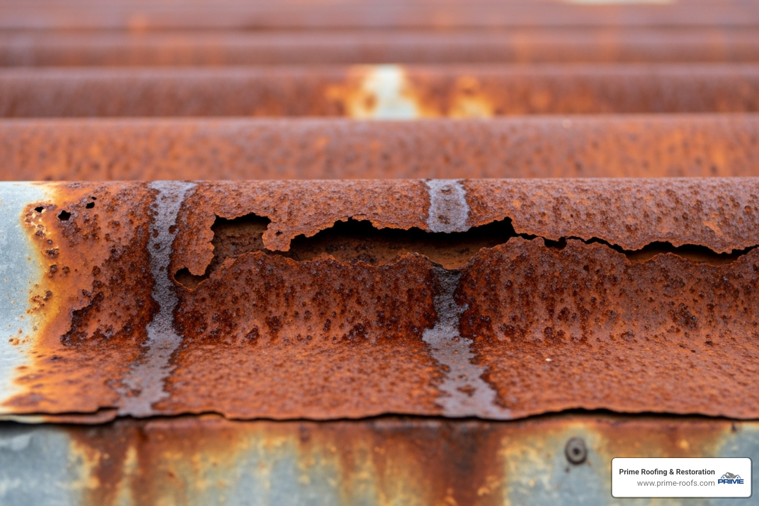 Close-up of rust on a metal roof panel - leaky metal roof repair