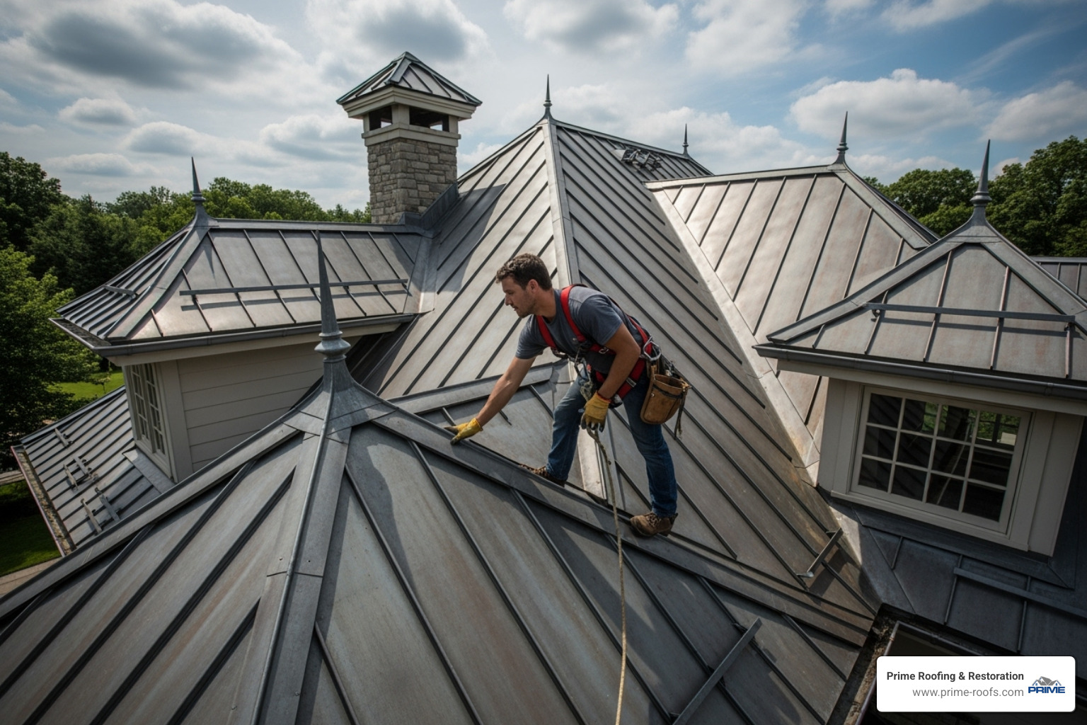 Professional roofer inspecting a complex metal roof - leaky metal roof repair