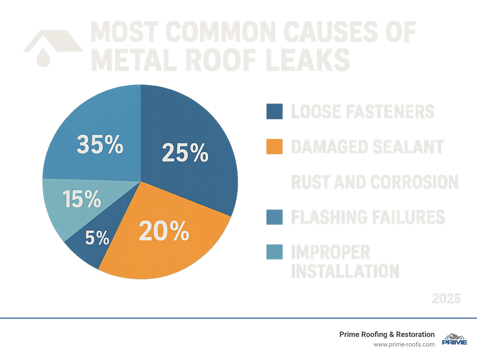 Infographic showing the 5 most common causes of metal roof leaks: loose fasteners at 35%, damaged sealant at 25%, rust and corrosion at 20%, flashing failures at 15%, and improper installation at 5% - leaky metal roof repair infographic 
